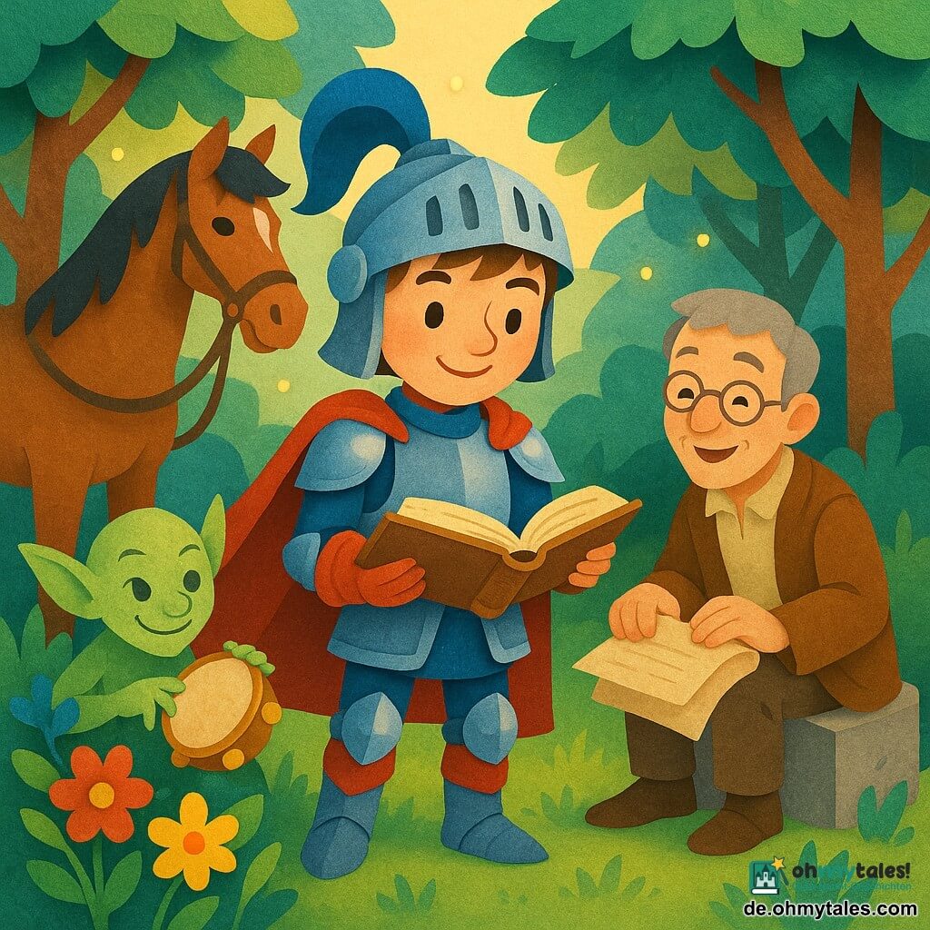 Ein lächelnder, mutiger Junge-Ritter Sir Roland in glänzender blau-rot reflektierender Rüstung und wehender Umhang hält sanft ein altes aufgeschlagenes Buch und steht erstaunt in der Bildmitte; rechts sitzt ein etwa 40-jähriger Schreiber mit hellgrauem Haar, runder Brille und braun-beiger Gelehrtenkleidung und berührt freudig Schriftrollen; links hinter einem Blumenbüschel hockt ein schelmischer, blassgrüner Kobold mit spitzen Ohren und kleinem goldenen Tamburin; im Hintergrund ein großes braunes Pferd namens Blitz mit stilisierter Mähne, an einen Zweig gebunden und den Ritter ermunternd; Ort: eine helle Waldlichtung mit geschichtetem Gras, farbigen Papierblumen, überlagerten Blättern und kleinen gelben Glühwürmchen; Szene: der Ritter hat soeben das magische Buch auf einem Sockel geöffnet — Staunen und Entdeckung, klare Darstellung, kräftige Kontraste (Blau, Grün, Rot, Gelb) und weiches Licht von Buch und Glühwürmchen.