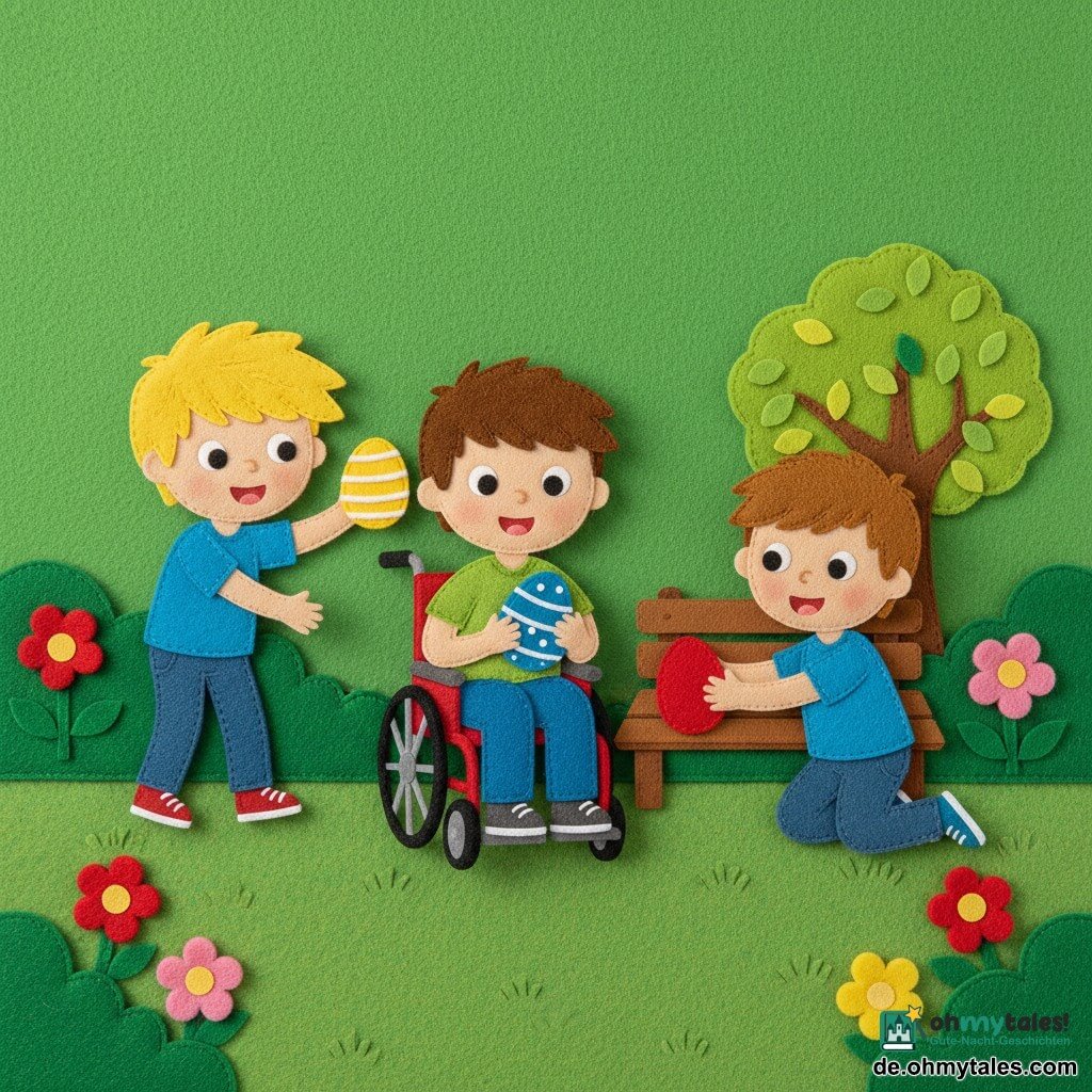 Drei Jungen: Max (8) mit kurzen braunen Haaren, hellem Teint, sitzt im roten Rollstuhl und hält ein blau gesprenkeltes Ei, Theo (7) mit blonden wilden Haaren, hellem Teint, steht links leicht vorgebeugt und zeigt ein gelb gestreiftes Ei in der rechten Hand, Leo (6) mit kastanienbraunen Haaren, hellem Teint, kniet rechts und streckt die Hand zu einem roten einfarbigen Ei unter einer kleinen braunen Holzbank; Schauplatz: bunter Frühlingsgarten mit grüner Filzrasenoptik, runden Sträuchern, kleinem Filzbaum, einfacher Holzbank und roten, gelben und rosa Blumen; Szene: Ostereiersuche, lebhafte kontrastreiche Eier, sonnige Atmosphäre mit weichen Schatten, klare leicht lesbare Komposition für ein Filzbild für Kleinkinder.