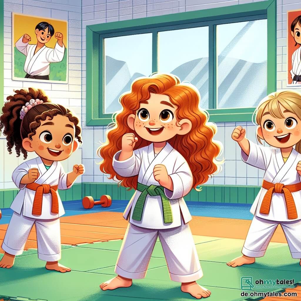 In einem hellen Fitnessraum trainieren vier fünfjährige Mädchen Karate. Lena, mit ihren lockigen roten Haaren, trägt einen weißen Kimono und lächelt entschlossen in der Mitte. Rechts von ihr steht Mia, ein blondes Mädchen mit langen Zöpfen, das begeistert eine Karatebewegung ausführt, ihre Augen strahlen vor Freude. Links versucht Sophie, mit ihren braunen Locken, die Bewegungen von Lena konzentriert und ernsthaft nachzuahmen. Schließlich applaudiert Emma, mit braunen Haaren zu einem Pferdeschwanz gebunden, ihren Freundinnen mit einem breiten Lächeln, während sie hinter ihnen steht. Der Raum ist mit bunten Postern großer Karate-Meister dekoriert, und grüne Matten bedecken den Boden. Sonnenstrahlen fallen durch große Fenster und erhellen den Raum, was eine warme Atmosphäre schafft. Die Mädchen trainieren gemeinsam, lachen und ermutigen sich gegenseitig, ihr Bestes zu geben, was den Teamgeist und die Kameradschaft zeigt.