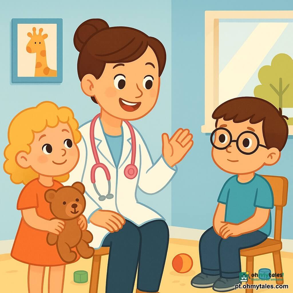 Uma médica sorridente, com cabelos castanhos presos em um coque, usa um jaleco branco e um estetoscópio rosa ao redor do pescoço. Ela tem olhos brilhantes de alegria e um grande sorriso caloroso. Ao seu lado, uma menina de 5 anos, com cabelos loiros cacheados, segura um urso de pelúcia e olha para a médica com admiração. Um menino de 6 anos, com cabelos castanhos e óculos redondos, está sentado em uma cadeira, um pouco nervoso, mas curioso. A cena ocorre em uma clínica iluminada, com paredes pintadas de azul claro e desenhos de animais coloridos pendurados. Brinquedos estão espalhados pelo chão e uma grande janela deixa entrar a luz do sol. A médica explica às crianças como cuidar da saúde, enquanto brinca com elas e as tranquiliza.
