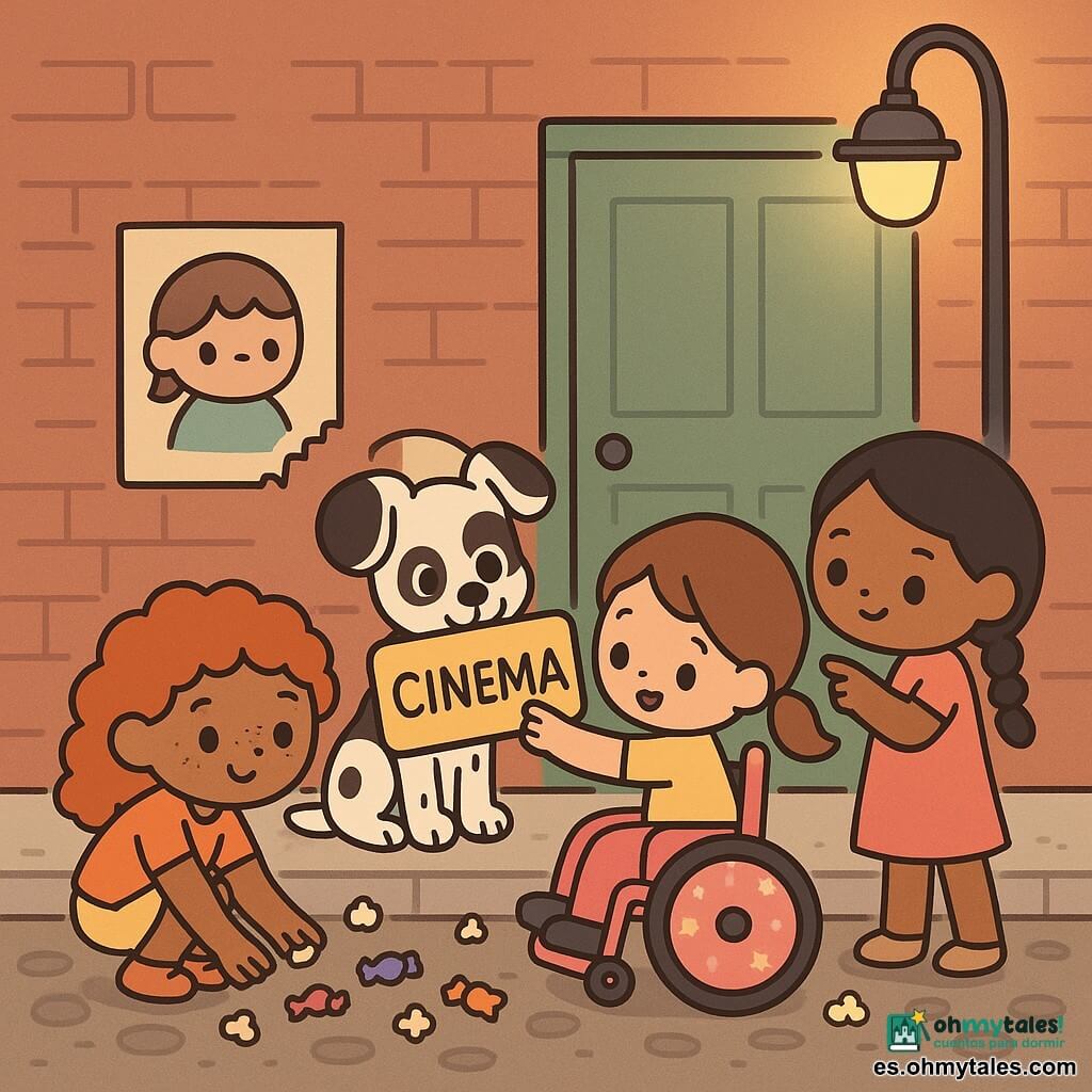 Hay cuatro personajes: Lucía, 8 años, piel clara, pelo castaño en coleta, sentada en una pequeña silla de ruedas rosa con estrellas en el centro, extiende la mano para recuperar el gran cartel de cine que sostiene el perro; Carla, 8 años, pelo rizado rojizo y pecas, agachada a la izquierda recogiendo envoltorios de caramelos; Sofía, 8 años, pelo negro liso en trenza, a la derecha señalando al cachorro y mirando el cartel con expresión concentrada; y un cachorro manchado blanco y negro sentado ante un muro de ladrillo que sostiene el borde del cartel en la boca con mirada traviesa. Escena frente a la parte trasera de un cine de barrio con muro de ladrillo rojo, puerta metálica verde, suelo empedrado con palomitas y envoltorios, un farol que proyecta luz cálida y un póster parcialmente mordisqueado; situación principal: las tres pequeñas detectives recuperan juntas el cartel del perro en una escena alegre de colores pastel y detalles gráficos nítidos.