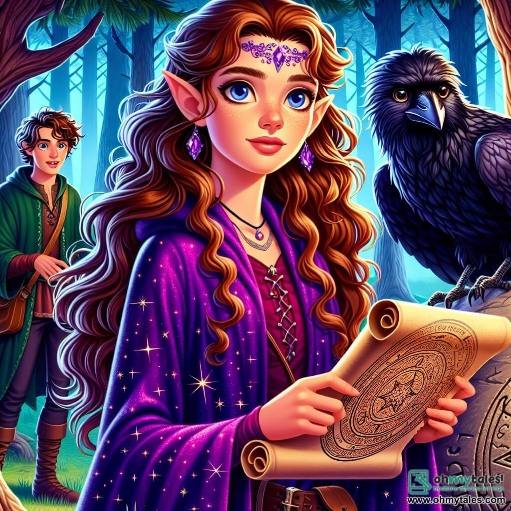 Elara, a young witch with long, wavy chestnut hair, wears a purple velvet dress adorned with sparkling star patterns. Her face is lit up with determination and curiosity as she holds an ancient scroll, examining a circle of mysterious stones. Beside her is Orion, a mischievous elf about 15 years old, with pointed ears and sparkling eyes, dressed in a green tunic. He watches Elara closely, ready to assist her with an encouraging smile. Luna, a charming crow with shiny black feathers, perches on a stone, her bright, mischievous eyes scanning the surroundings for imminent danger. The setting is an enchanted clearing surrounded by majestic trees with gnarled trunks and shimmering leaves, while soft light filters through the foliage, creating a magical atmosphere. The main scene shows Elara discovering the ancient stone circle, ready to uncover the mystery that could free her family from the curse, with a palpable aura of magic in the air.