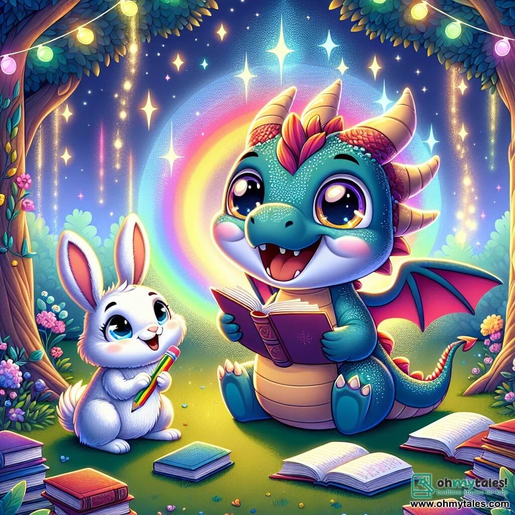 An illustration depicts a small dragon with shiny rainbow-colored scales joyfully floating in the air. Its face shows great excitement and determination as it holds an open book with its tiny claws, eyes sparkling with enthusiasm. Next to it, a small bunny with large ears and soft white fur sits on the grass, admiring the dragon. She has a warm smile and encouraging eyes, holding a colored pencil in her paws. The setting is a magical schoolyard surrounded by shimmering trees and colorful flowers, with fairy lights floating in the air, creating a joyful and welcoming atmosphere. The main scene shows the dragon and bunny sharing a reading moment together, illustrating their friendship and mutual support in learning. Other graphic elements include scattered books around them, twinkling stars in the sky, and fantastical creatures in the background applauding and encouraging the two friends in their learning adventure.