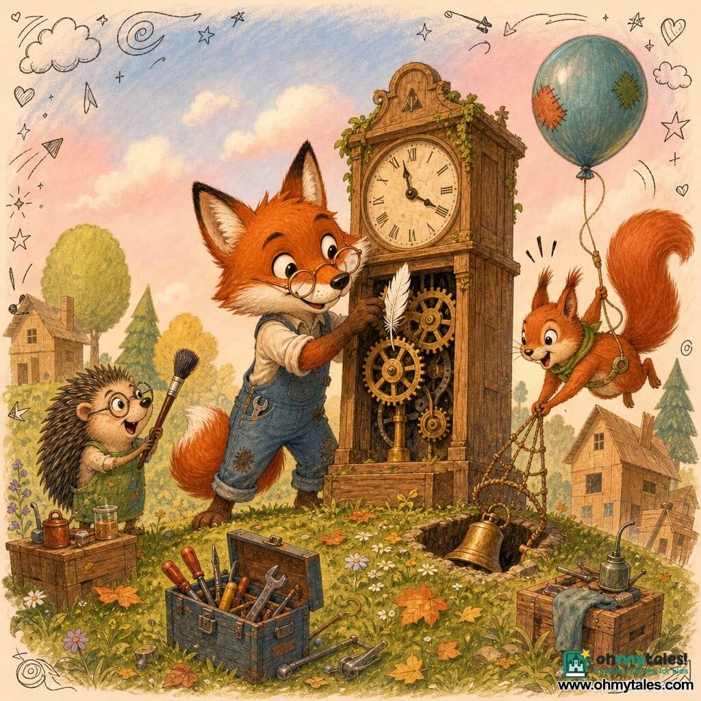 An anthropomorphic reddish-brown fox with round workshop glasses and oil-stained blue overalls smiles determinedly as it stretches a small feather between two gears of a large clock atop a grassy, flower-dotted hill; to the left a small spectacled hedgehog stands with a brush ready to wipe the dial, and to the right a red squirrel hops excitedly with a rope net and a balloon, focused on a bell fallen into a small hole beneath the clock; the scene shows a worn wooden giant clock at the center, colorful tools scattered on crates and an open toolbox, soft pink-blue gradient sky with cardboard houses and stylized trees in the background, depicting the joyful repair of an "impossible clock" in a close-up of inventive action (feather, pulley, balloon), warm colors, sketchy textures, a dynamic playful composition and doodle overlays (arrows, stars, musical notes).