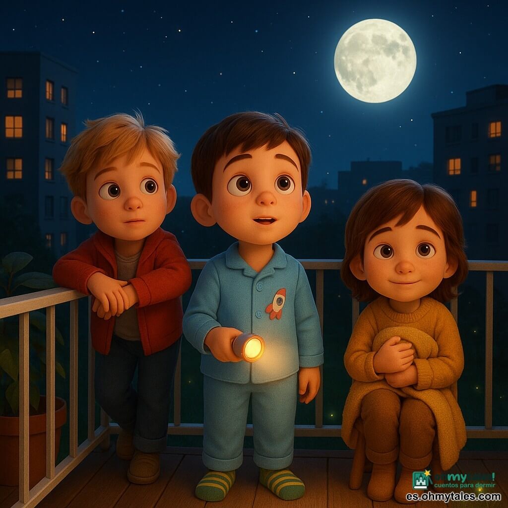Hay tres niños de 6 años en un balcón urbano por la noche: Mateo, pelo castaño corto y ojos marrones, en pijama azul claro sosteniendo una linterna con forma de pez y mirando la luna en el centro; Luis, pelo rubio alborotado y piel clara, con chaqueta roja apoyado en la barandilla a la izquierda, atento y con la cabeza hacia la calle; Dani, pelo castaño largo y sonrisa tímida, con suéter mostaza sentado en un taburete a la derecha abrazando una mantita y observando las luciérnagas; balcón con barandilla metálica blanca, suelo de madera oscura, maceta con hojas, césped abajo salpicado de luciérnagas amarillo-verdosas, edificios con ventanas cálidas, cielo estrellado y luna brillante; la linterna proyecta un cono de luz cálida sobre sus rostros, sombras suaves en la barandilla, ambiente reconfortante pero misterioso, contraste entre tonos cálidos de la ropa y la luz fría de la luna, expresiones de curiosidad y valor.