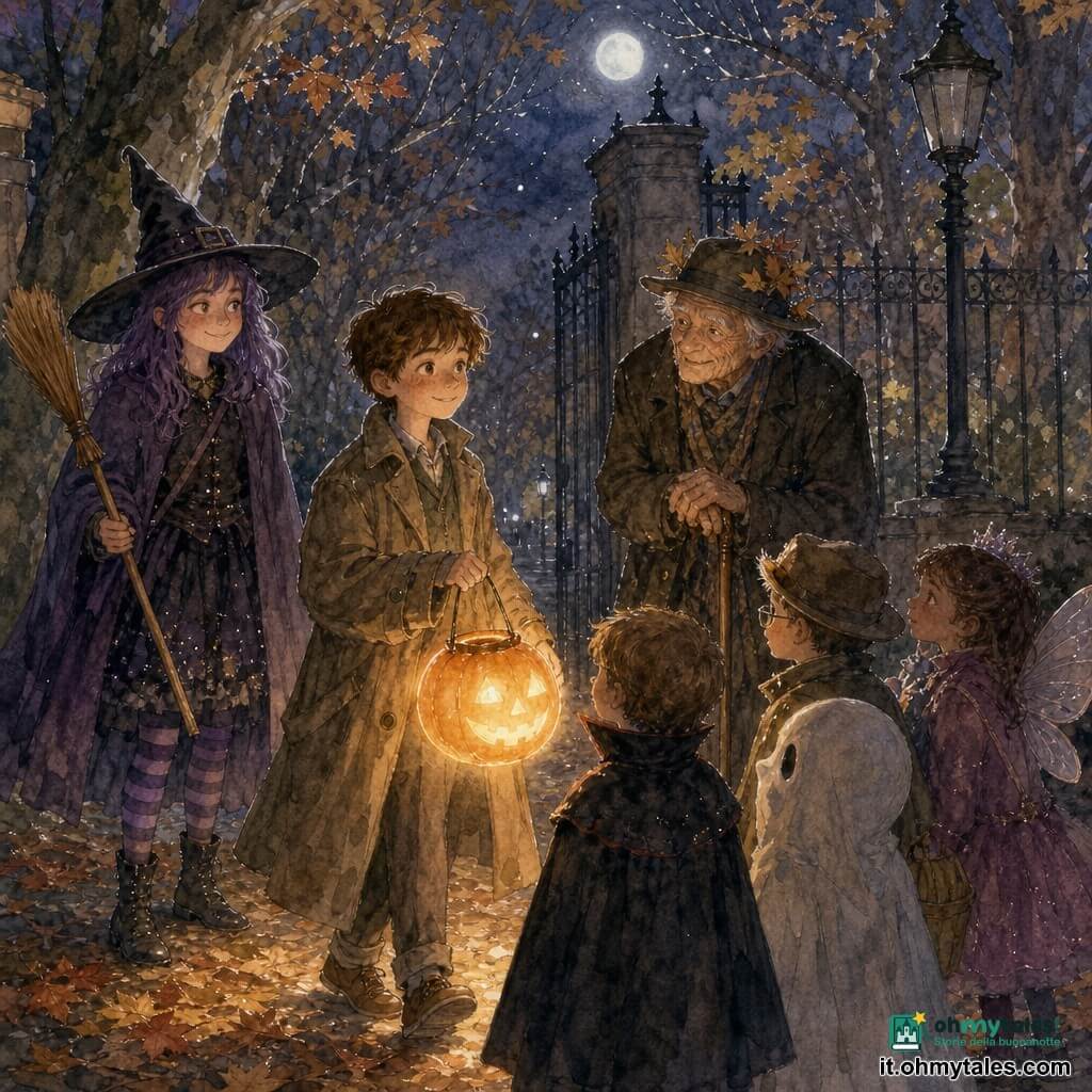 Un ragazzo di 12 anni, curioso e sereno, viso tondo con lentiggini, capelli castani corti e cappotto troppo grande, tiene una lanterna-zucca arancione che illumina il volto; al suo fianco sinistro, leggermente più indietro, la sorella adolescente di circa 16 anni, birichina e protettiva, con parrucca viola e cappello da strega, osserva divertita tenendo un finto manico di scopa; vicino all’ingresso del parco un vecchio guardiano di circa 70 anni, rugoso e benevolo, con cappello ornato di foglie e bastone, è illuminato dalla lanterna; davanti al ragazzo un gruppo di bambini di 7–8 anni, eccitati ma titubanti, ammirano la luce mentre si preparano a attraversare un passaggio oscuro; il viale è fiancheggiato da platani dai tronchi scuri, un tappeto di foglie gialle e rosse, una vecchia cancellata in ferro battuto e un lampione spento, con una luna pallida che filtra tra i rami; la scena principale mostra il ragazzo che guida i più piccoli con la lanterna accesa, creando ombre morbide e riflessi arancioni che rendono l’atmosfera rassicurante e magica.