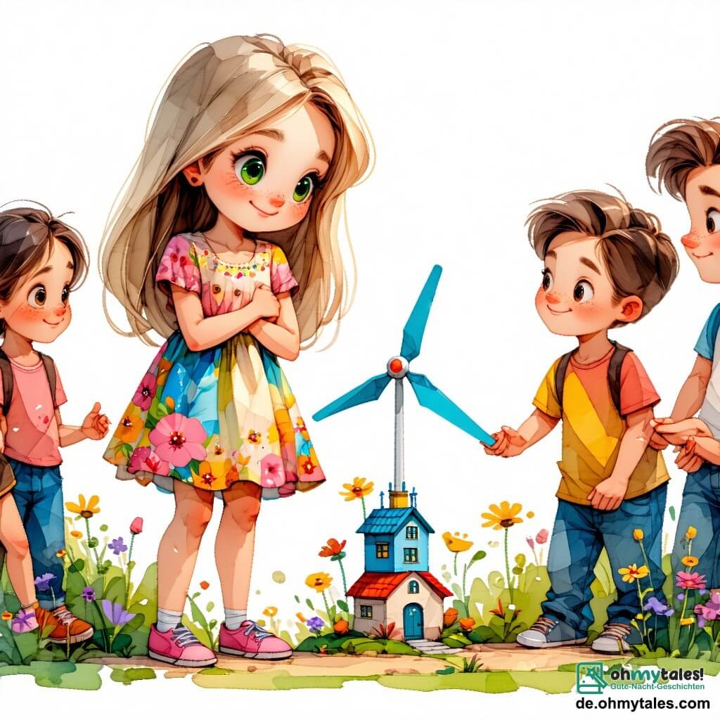 Im Zentrum des Bildes steht Mia, ein 10-jähriges Mädchen, stolz vor ihrer miniaturisierten Windmühle. Sie hat zerzauste lange blonde Haare, funkelnde grüne Augen voller Entschlossenheit und trägt ein buntes Kleid mit Blumenmustern. Ihr Gesicht strahlt Freude und Selbstvertrauen aus, während sie ihre Kreation einer Gruppe von Menschen erklärt. Neben ihr hört Tim, ein 10-jähriger Junge mit zerzausten braunen Haaren und runden Brillen, aufmerksam zu. Er trägt ein gestreiftes T-Shirt und Shorts, und sein Gesicht zeigt Bewunderung für Mia. In seiner Hand hält er ein kleines Werkzeug, bereit, ihr zu helfen, falls nötig. Die Szenerie spielt im Schulhof von Blumental, umgeben von Grün, mit blühenden Bäumen und Kindern, die neugierig um die Tische versammelt sind, um die Erfindungen ihrer Mitschüler zu entdecken. Die Szene zeigt den Moment, in dem Mia stolz ihre Maschine der Menge präsentiert, was die Gleichstellung der Geschlechter und die Kraft der Träume illustriert, während die anderen Kinder respektvoll und begeistert zuhören.