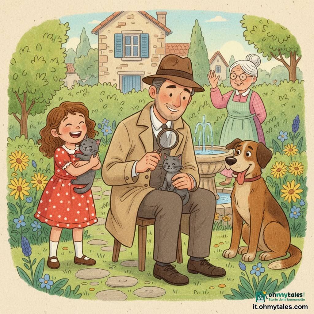 Un uomo — il detective Giovanni — sorridente e concentrato, cappello di feltro marrone, cappotto beige, lente brillante nella mano destra, chinato verso un piccolo gatto grigio tra le sue braccia; una bambina — Clara, circa 9 anni, capelli mossi castani, vestito rosso a pois bianchi — lo stringe ridendo, leggermente a sinistra; una vicina anziana, circa 75 anni, capelli bianchi raccolti, occhiali tondi e grembiule verde, è sullo sfondo vicino a una siepe che saluta sorridente e sollevata; un cane grande e marrone seduto a destra con la lingua fuori guarda il gatto; ambientazione: piccolo giardino di paese colorato con vialetto in pietra, fontana rotonda gocciolante, aiuole di fiori gialli e blu e una vecchia casa in pietra con persiane blu; scena principale: riunione felice dopo l’indagine, luce calda del tardo pomeriggio, tratti a matita visibili, composizione centrata su Giovanni, Clara e il gatto, atmosfera di sicurezza e amicizia.