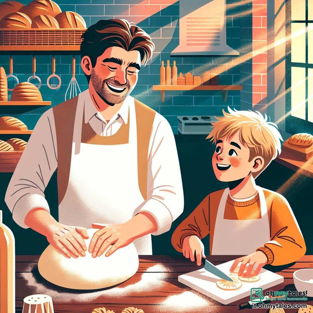 Un uomo, Marco, con un sorriso e occhi vivaci, sta impastando della pasta per il pane nella sua panetteria. Indossa un grembiule bianco, leggermente infarinato, e i suoi capelli castani sono disordinati, segno del suo entusiasmo. Accanto a lui, un ragazzo di 8 anni, Luca, con capelli biondi e guance rosate, ritaglia biscotti a forma di stelle su un tavolo di legno. Luca, tutto eccitato, guarda Marco con ammirazione. La panetteria è calda e accogliente, con muri in mattoni rossi, scaffali in legno pieni di pani dorati e dolci colorati. Raggi di sole filtrano dalla finestra, illuminando la scena con una dolce luce. In questa illustrazione, Marco e Luca sono impegnati nella preparazione del pane e dei biscotti, circondati da un profumo di farina e dolcezza, pronti a partecipare a un concorso di panetteria.