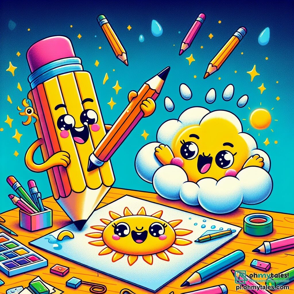 W małym, kolorowym biurze Pencil, ptak w kształcie ptaka, jest wesoły i uśmiechnięty, z jaskrawożółtym ciałem i błyszczącymi oczami, trzymając ołówek w swojej łapie, rysując duże słońce na kartce papieru. Obok niego Gumka, różowa gumka w kształcie chmury, jest entuzjastyczna i uśmiechnięta, z okrągłymi policzkami i otwartymi ramionami, gotowa dodać krople deszczu wokół słońca. Biuro jest udekorowane kolorowymi ołówkami, markerami i rozsypanymi kartkami, tworząc kreatywną i radosną atmosferę. Scena pokazuje, jak Pencil i Gumka współpracują, aby stworzyć wspólnie dzieło sztuki, symbolizujące ich przyjaźń i wspólną kreatywność.