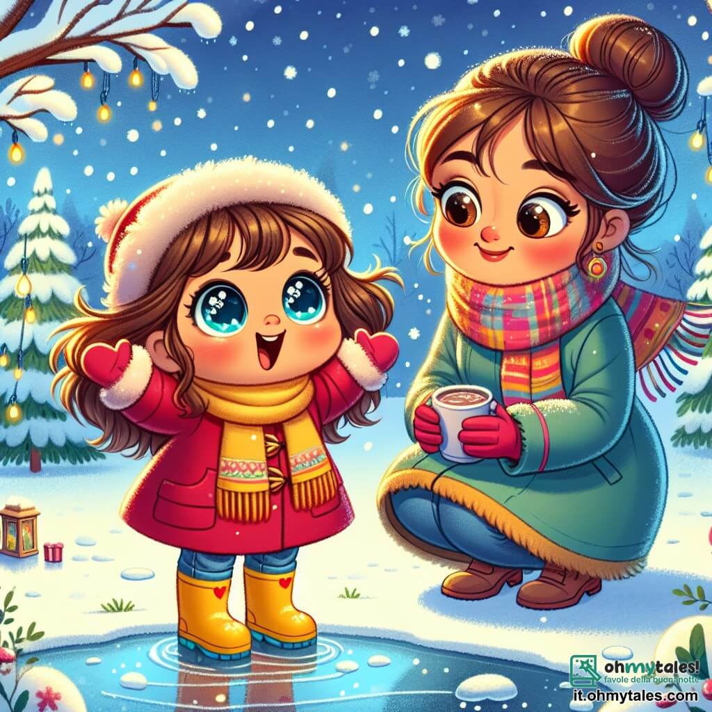 Una bambina di 3 anni, di nome Sofia, con grandi occhi brillanti e guance rosa, indossa un bel cappotto rosso e stivali da pioggia gialli. È meravigliata, sollevando le braccia verso il cielo, dove fiocchi di neve cadono dolcemente intorno a lei. Accanto a lei c'è sua mamma, una donna di circa 30 anni, con capelli castani raccolti in un chignon, che indossa un cappotto blu e una sciarpa colorata. Sorride calorosamente a Sofia, tenendo in mano una tazza di cioccolata calda, pronta a invitarla a tornare a casa. La scena si svolge in un giardino incantevole, coperto da un spesso manto di neve scintillante, con alberi i cui rami sono carichi di neve e un piccolo stagno ghiacciato che riflette il cielo blu. Sofia scopre la magia dell'inverno, meravigliata dalla neve che cade e dalle luci colorate nel cielo, mentre sua mamma la osserva con tenerezza, pronta a condividere un momento caldo dopo la loro avventura invernale.