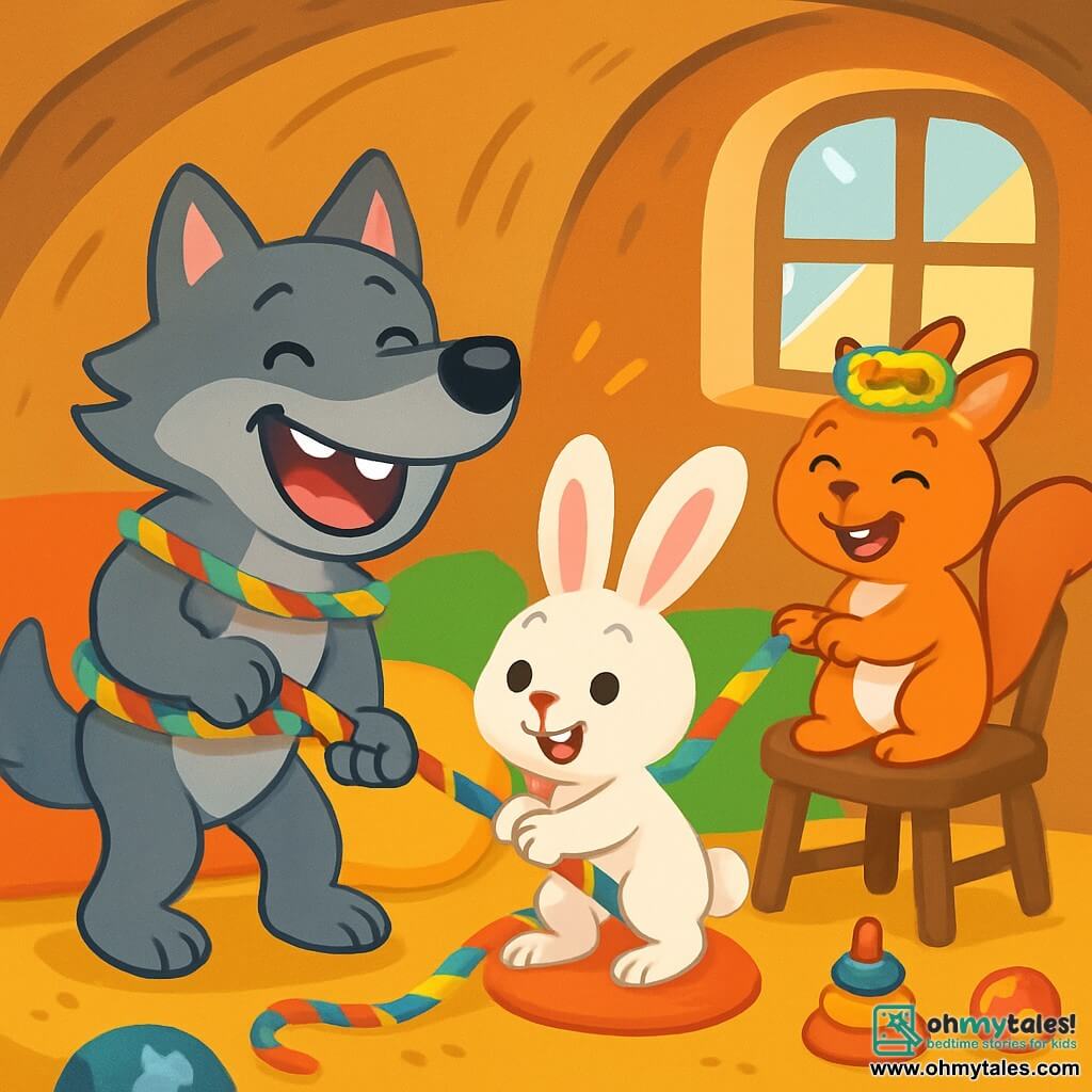 A joyful wolf with soft gray fur and sparkling mischievous eyes pulls on a long, colorful rope that wraps around him, laughing with all his white teeth. Next to him, a small bunny with big pink ears and white fur, wearing a playful smile, tries to help by pulling on her side of the rope. A red-furred squirrel, perched on a chair, wears a crown made of the rope and laughs heartily. The scene takes place in a cozy little burrow filled with colorful cushions and scattered toys, with sunlight streaming through a window. The wolf and his friends are having fun tugging on the rope, creating a joyful mess, while laughter fills the air.