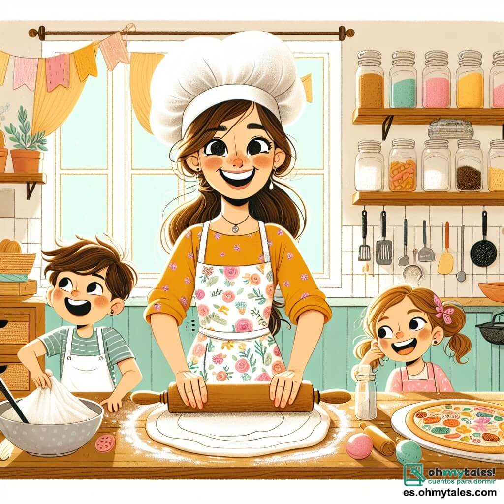 La Chef Clara es una mujer alegre de unos treinta años, con largos cabellos castaños recogidos en un moño desordenado y una gran sonrisa que ilumina su rostro. Lleva un bonito delantal de flores y un gorro de chef, mientras amasa con entusiasmo masa para pizza. A su lado, Tomás, un niño curioso de 8 años con el cabello despeinado y manchas de harina en la cara, observa maravillado a la Chef Clara, sosteniendo un rodillo en sus pequeñas manos. Un poco más lejos, Sofía, una niña de 7 años con coletas y una sonrisa traviesa, da forma a una pizza en forma de estrella, llena de ingredientes coloridos, riendo con sus amigos. La escena tiene lugar en una cocina luminosa y acogedora, con paredes pintadas de amarillo pastel, estanterías llenas de tarros de especias y una gran mesa de madera en el centro, cubierta de harina e ingredientes frescos. Ventanas dejan entrar la luz del sol, iluminando la atmósfera alegre. La situación principal muestra a la Chef Clara y a los niños preparando pizzas juntos, llenos de entusiasmo y risas, creando recuerdos inolvidables en un ambiente cálido y amigable.