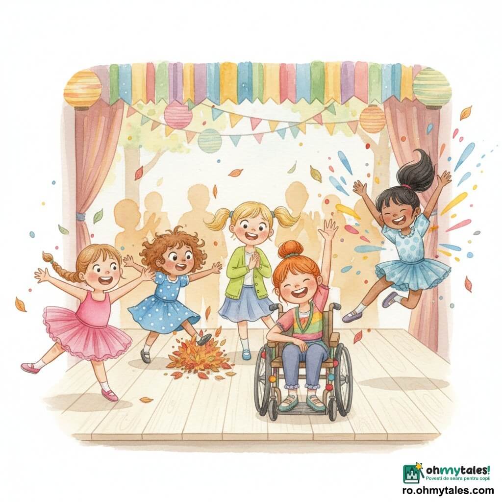Sunt cinci fete: Ana, 9 ani, păr șaten deschis prins în codiță, tutu roz aprins, mimează alunecarea în fața scenei, stânga; Maria, 8 ani, păr brunet creț, ochi mari curioși, rochie cu buline albastre, cade teatral într-un morman de frunze, imediat în spatele Anei; Carla, 9 ani, păr blond în coadă, zâmbet larg, vestă verde lămâie, aplaudă înclinându-se spre Maria, dreapta Anei; Ioana, 8 ani, păr negru prinsc într-o coadă înaltă, energică, colanți în dungi, face un salt comic stârnind „stropi” de vopsea imaginară, la capătul drept; Sofia, 9 ani, păr roșcat prins, expresie sigură, scaun cu rotile stilizat din lemn vopsit, costum colorat cu pompoane, conduce coregrafia în centru-front, mână ridicată și mare zâmbet. Scena: mică scenă în aer liber într-un parc de primăvară, podea din lemn deschis, cortină multicoloră, ghirlande și felinare suspendate, public în siluete calde în fundal, confetti și frunze căzând ușor. Situația: cele cinci interprete execută un număr de dans-comedie la un concurs de talente — gesturi exagerate, căzături blânde transformate în gaguri coregrafiate, culori vii, mișcări dinamice și „stropi” acuarela care urmează acțiunile pentru a transmite bucurie, surpriză și camaraderie.
