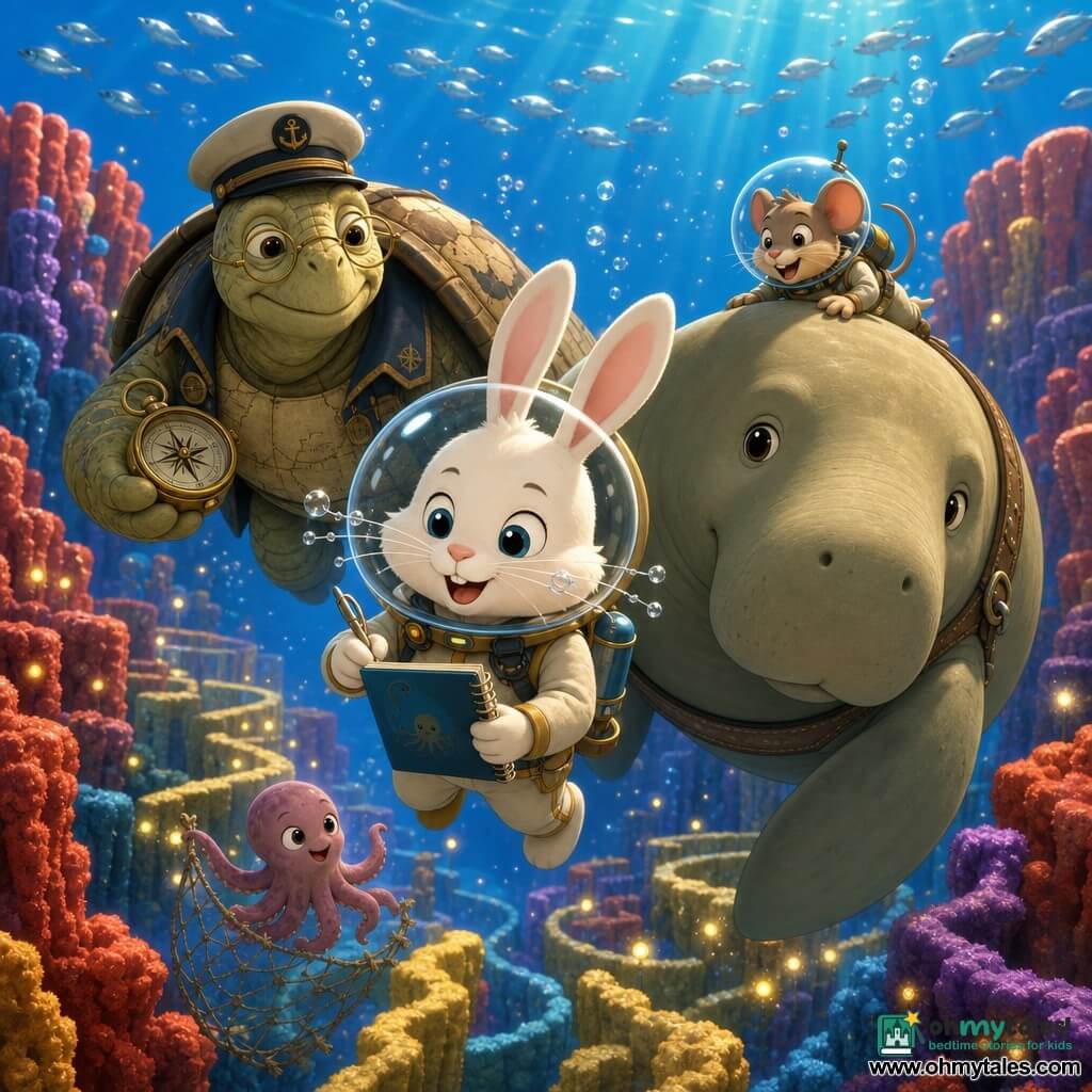 A small white rabbit in a bubble diving suit, confident and amazed with ears up and bubbled whiskers, holds a blue notebook and tiny scissors and floats at the center; behind it a wise elderly captain turtle with a cracked, map-like shell floats protectively holding an antique compass; a relieved, joyful mouse navigator in a diving suit clings to a gentle, massive beige-green dugong that guides them; background is a colorful coral garden of red, yellow and purple pillars forming a maze with silver fish, rising light particles and bubbles; scene: a peaceful rescue — the rabbit has just freed a small octopus from a net and records it, surrounded protectively by the dugong and turtle, soft underwater light and a vivid, contrasting palette.
