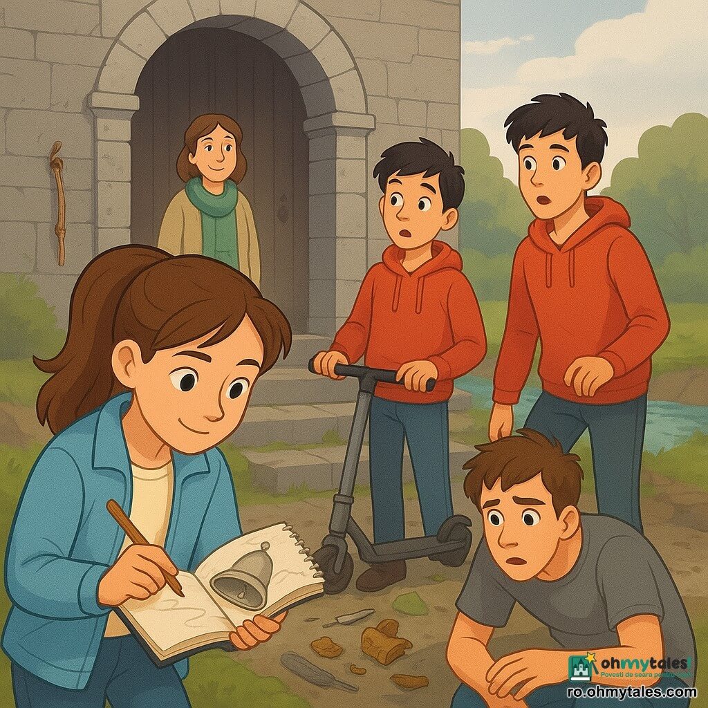 O fată de 12 ani, concentrată și curioasă, cu zâmbet discret, ochi vioi și păr șaten prins în coadă, poartă o jachetă bleu și ține un caiet de schițe și un creion, aplecată asupra unei arcade de piatră; lângă ea, un băiat de ~12 ani (Andrei), jucăuș și ușor surprins, păr scurt negru, hanorac roșu, ține o trotinetă; un adolescent de 17 ani (Radu), îngrijorat și împăcat, păr ciufulit, tricou gri, este cocoșat lângă bucăți de bronz și o cutie de scule deschisă; în spate, o bibliotecară de ~50 de ani, calmă și binevoitoare, cu eșarfă verde, privește ușurată de lângă intrarea bibliotecii; locul: o intrare în arcadă din piatră gri, trepte cu mușchi și pietriș umed, un pârâu vizibil în spate, lumină blândă de sfârșit de după-amiază; situație: copiii descoperă o clopotniță spartă și discută, în jur indicii vizibile (pene gri, urme de noroi, o bețișoară de bambus cu agrafă), atmosferă caldă de investigație, culori vii, compoziție clară și expresii empatice.
