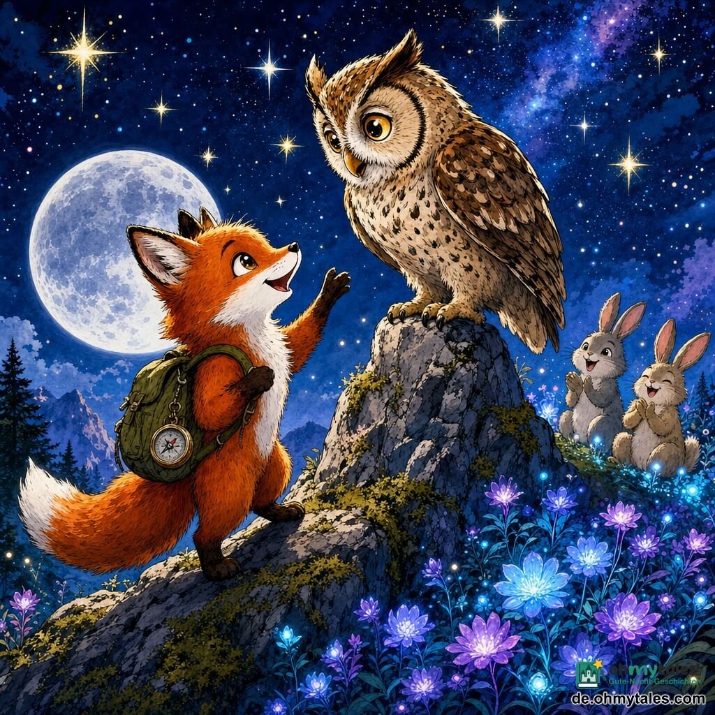 Ein kleiner roter Fuchs, staunend und fröhlich, mit rötlich-weißem Fell, glänzenden Augen, olivgrünem Segeltuch-Rucksack und hängendem Kompass, steht auf dem Gipfel mit erhobener Pfote, als wolle er die Sterne berühren; ein weiser alter Uhu mit braun-cremig gesprenkeltem Gefieder und großen goldenen Augen sitzt auf einem zentralen Felsen, blickt ruhig und wohlwollend zum Fuchs; drei verspielte Kaninchen rechts im Hintergrund, grau-beiges Fell, sitzen bei einem Teppich leuchtender Blumen und klatschen oder zucken mit den Ohren; hoher Felsgipfel mit moosigen grauen Steinen und phosphoreszierendem blau-violettem Blumenrasen, sanft leuchtend, darüber ein tiefer Nachthimmel mit hellen Sternen und einer großen silbernen Mondscheibe am Horizont; Entdeckungs- und Feierstimmung: der Fuchs hat den "Gipfel der Sterne" erreicht, magische warme Atmosphäre, klare Tuschekontraste und leuchtende Farbwaschungen, illustrativer Kinderstil, Komposition zentriert auf die Begegnung Fuchs-Uhu.