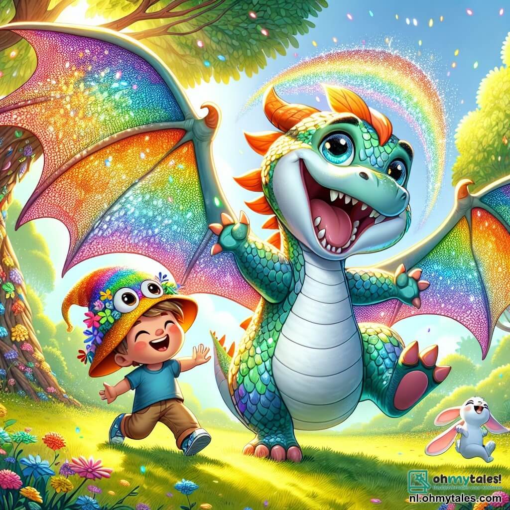 Een blije draak, met glinsterende schubben in felle kleuren als een regenboog, danst in een zonnige open plek, met een brede glimlach en sprankelende ogen van geluk. Hij heeft grote doorzichtige vleugels die glanzen in de zon en maakt pirouettes in de lucht, terwijl hij een spoor van magische glitters achterlaat. Naast hem staat Timo, een 8-jarig jongetje met een grote, kleurrijke muts die van kleur verandert afhankelijk van zijn humeur. Hij lacht luid, met zijn armen in de lucht, vol enthousiasme. Ria, een schattig konijn met grote oren, zit op het gras en tikt met haar pootjes op de maat van de dans van de draak, met een stralende glimlach. De scène speelt zich af in een groene open plek, omringd door dikke bomen met heldere bladeren, waar kleurrijke bloemen dansen in de wind. Zonne-stralen filteren door de takken en creëren lichtflitsen op de grond. De draak en zijn vrienden vieren hun nieuwe vriendschap door samen te dansen, vol vreugde en opwinding, terwijl kleurrijke vogels om hen heen vliegen en de feestelijke sfeer van deze magische dag versterken.