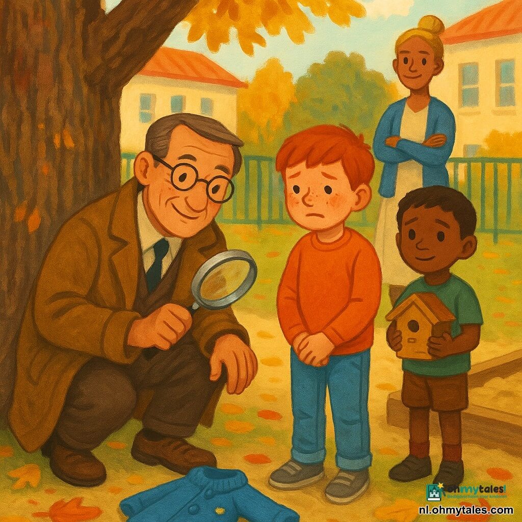 Een vriendelijke vijftiger detective met ronde bril en versleten bruine jas knielt bij een grote eik en houdt een zilveren loep boven een klein blauw truitje met losse knoop; Tom, een roodharig jongen met sproeten, staat schuldig maar verlegen met samengevouwen handen bij de zandbak; een iets jonger bruinharig jongetje staat aarzelend onder de boom met een klein houten vogelnestje; juf Lotte, een blonde leerkracht met opgestoken haar en geruststellende glimlach, staat met gekruiste armen achter de kinderen bij het schoolbankje; de speelplaats heeft een eik met herfstbladeren, zandbak, groen hek en crèmekleurige schoolmuren; hoofdscène: ontdekking — de detective toont via de loep een kleine blauwe truite terwijl de kinderen met gemengde emoties kijken, warme namiddaglicht, felle kleuren en zacht illustratief kinderlijk stijl.