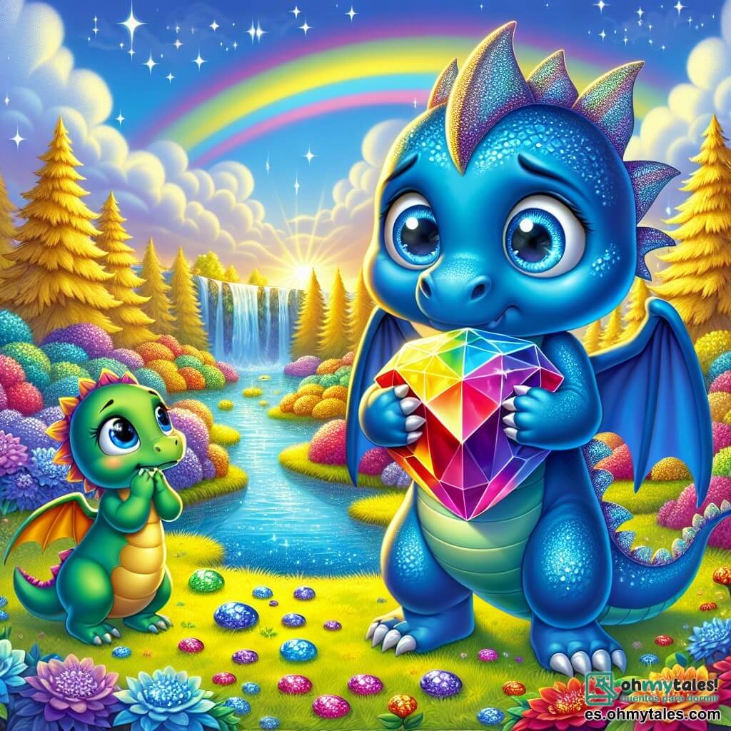 Un pequeño dragón azul con escamas brillantes y grandes alas desplegadas se encuentra al borde de un arroyo reluciente, con aire inquieto y culpable, los ojos muy abiertos, sosteniendo una hermosa gema multicolor en sus garras. A su lado, una pequeña dragona verde, con escamas brillantes y ojos llenos de curiosidad, mira la gema con sorpresa, su expresión muestra una mezcla de asombro y preocupación. El paisaje es encantador, con árboles majestuosos de hojas doradas, flores coloridas a lo largo del arroyo y un cielo azul salpicado de nubes esponjosas. Al fondo, un arcoíris brillante se extiende en el cielo, iluminando la escena con una luz mágica. La situación principal muestra al pequeño dragón, atrapado entre la tentación de mantener la gema en secreto y el miedo a ser descubierto, mientras su mejor amiga, la dragona verde, descubre su secreto y lo anima a decir la verdad.