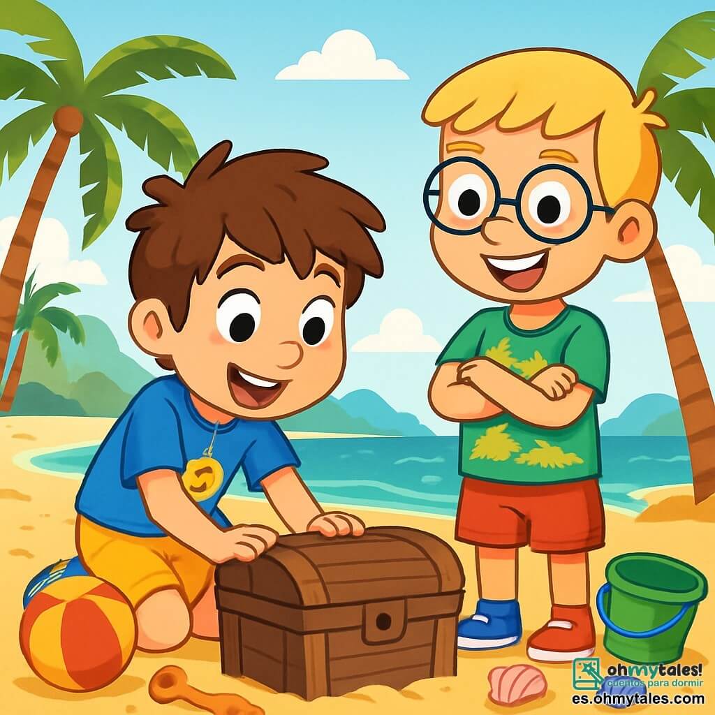 Hay 2 personajes principales: - Lucas: un niño de 8 años, con cabello castaño desordenado y ojos llenos de curiosidad. Lleva una camiseta azul con un sol sonriente y un short amarillo. Lucas está agachado, con las manos sobre una caja misteriosa, mirando con asombro. - Nico: un niño de 8 años, con cabello rubio y gafas redondas. Lleva una camiseta verde con dibujos de dinosaurios y un short rojo. Nico está al lado de Lucas, con los brazos cruzados, mostrando una gran sonrisa de emoción. La escena tiene lugar en una playa de arena dorada, bordeada de palmeras que se mueven con una suave brisa. El agua turquesa brilla bajo el sol, y conchas coloridas están esparcidas por la orilla. En el fondo, se pueden ver montañas verdes y un cielo azul salpicado de nubes blancas esponjosas. La situación principal de la historia muestra a Lucas y Nico descubriendo una caja misteriosa enterrada en la arena, rodeados de juguetes de playa y globos coloridos. Están fascinados y curiosos, listos para abrir la caja y descubrir la magia del cumpleaños de Lucas.