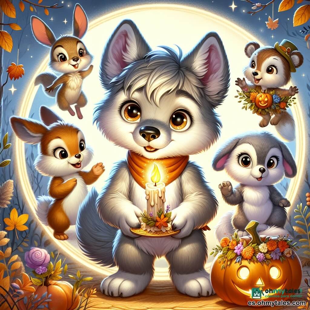Un pequeño lobo llamado Lucas, con un suave pelaje gris y ojos brillantes de curiosidad, se encuentra en el centro de un círculo de luz, sosteniendo una vela mágica que ilumina su rostro con un resplandor dorado. Sonríe maravillado, con las orejas puntiagudas levantadas por la emoción. A su derecha, Max, un pequeño conejo de grandes orejas blancas, salta alegremente, con ojos brillantes de picardía, sosteniendo una pequeña calabaza decorada. A la izquierda, Lila, una ardilla de pelaje marrón y ojos vivos, observa fascinada, con las patas delanteras apoyadas en una rama, lista para lanzarse. Finalmente, Tito, un oso de peluche suave y redondo, se encuentra detrás de Lucas, con una mirada bondadosa y una sonrisa cálida, sosteniendo una guirnalda de hojas de otoño. El lugar es un encantador rincón del bosque, iluminado por la luz de la luna, con árboles de hojas doradas y decoraciones de Halloween flotando en el aire. La situación principal muestra a Lucas encendiendo la vela mágica, rodeado de sus amigos, mientras sombras bailan a su alrededor, revelando historias antiguas y creando una atmósfera de misterio y alegría.