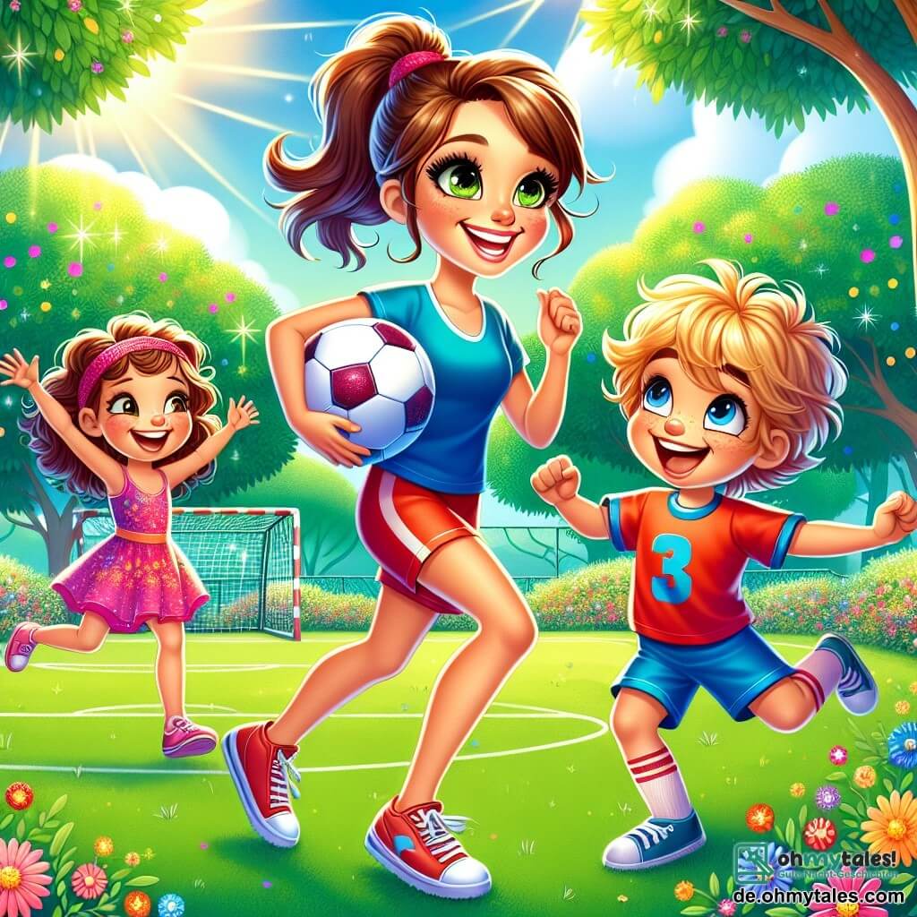 Im Mittelpunkt des Bildes steht Lisa, eine Frau in den Dreißigern, mit einem großen Lächeln im Gesicht und braunen Haaren, die zu einem Pferdeschwanz gebunden sind. Sie trägt ein buntes Fußballtrikot, Shorts und Sportschuhe und hält einen lebhaft gefärbten Fußball in der Hand. Ihr Blick strahlt Freude und Begeisterung aus, während sie die Kinder zum Spielen ermutigt. Rechts von ihr dribbelt ein kleiner Junge namens Max, 8 Jahre alt, mit zerzausten blonden Haaren und funkelnden Augen, den Ball mit einem breiten Lächeln. Er trägt ein blaues T-Shirt und rote Shorts und wirkt konzentriert und glücklich. Links von ihr springt Mia, ein 7-jähriges Mädchen mit lockigem Haar und einem rosa Stirnband, vor Freude in die Luft, nachdem sie ein Tor erzielt hat. Sie trägt ein Sportkleid und Turnschuhe, und ihr Gesicht strahlt vor Aufregung. Die Szenerie spielt in einem grünen Park mit leuchtenden Bäumen und bunten Blumen, die den Spielplatz umgeben. Der Himmel ist strahlend blau mit einigen fluffigen weißen Wolken, und die Sonne scheint, was eine fröhliche und dynamische Atmosphäre schafft. Die Hauptsituation zeigt Lisa, die den Kindern beibringt, wie man den Ball dribbelt, während Lachen und Freude in der Luft erklingen und den Teamgeist und den Spaß am Spiel verdeutlichen.