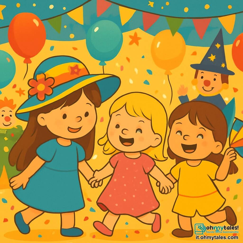 Ci sono 3 personaggi: - Luna: una ragazza di 6 anni con lunghi capelli castani, che indossa un grande cappello colorato decorato con fiori. Sorride e tiene per mano le sue amiche. - Stella: una ragazza di 5 anni con capelli biondi, vestita con un abito rosa scintillante con paillettes. Danza felicemente accanto a Luna. - Sole: una ragazza di 7 anni con capelli castani, vestita con un abito giallo vivo e tiene un ventaglio colorato. Sta facendo un gesto di danza ridendo. Le tre ragazze si trovano al centro di una scena di carnevale animata, circondate da palloncini colorati e ghirlande luminose. Sullo sfondo, personaggi in costume, come un clown con un naso rosso e un mago con un cappello a punta, contribuiscono all'atmosfera festosa. La scena principale mostra le tre amiche che giocano e danzano insieme, circondate da magia e risate, con stelle brillanti e coriandoli che cadono attorno a loro.