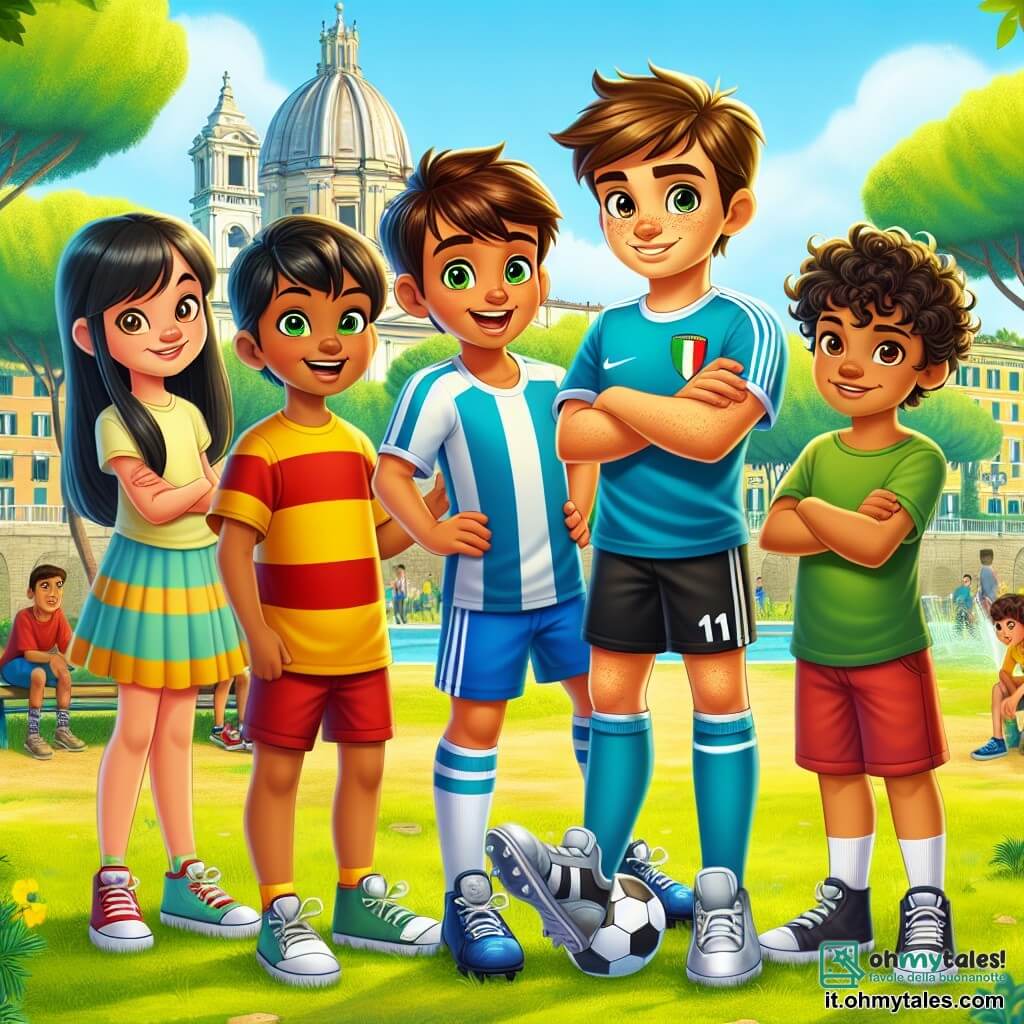 In un parco soleggiato di Roma, quattro amici sono insieme, circondati da verde e fiori colorati. Marco, un ragazzo di 11 anni con capelli bruni e occhi vivaci, indossa una maglietta da calcio blu e pantaloni neri. Matteo, con capelli castani e una gamba leggermente più corta, indossa una maglietta verde e pantaloni rossi. Samira, una ragazza di 11 anni con lunghi capelli neri, porta un vestito colorato e scarpe da ginnastica. Luca, un ragazzo alto e magro con capelli ricci, è vestito con una maglietta gialla. Il parco è pieno di alberi maestosi e risate di bambini che giocano a calcio. Marco e i suoi amici affrontano un gruppo di ragazzi più grandi che prendono in giro Matteo. Marco spiega con coraggio l'importanza del rispetto e dell'amicizia, mentre gli altri bambini ascoltano attentamente.