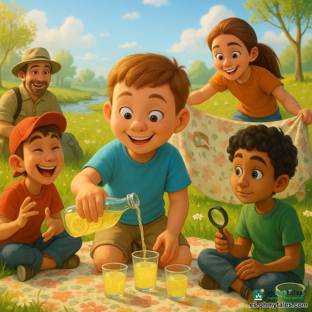 Un niño de 12 años, rostro redondo, cabello castaño corto con ligeras pecas, sirve limonada amarilla en vasos transparentes desde una botella de vidrio; lleva camiseta azul claro y pantalón corto beige. A su derecha, Inés, 12 años, cabello castaño largo en coleta, sonríe y extiende una gran manta floral; a la izquierda, Marcos, 12 años, piel oliva y gorra roja al revés, ríe haciendo un gesto cómico; junto al niño principal, Nadir, 12 años, cabello negro rizado, sentado y sereno, recibe un vaso mientras sostiene una lupa. Al fondo, el profesor Óscar, unos 40 años, con barba corta y sombrero de explorador, observa sonriendo junto a una mochila. Lugar: pradera verde junto a un arroyo con hierba alta y flores, algunos árboles con hojas jóvenes, cielo azul pálido; situación: picnic matutino en círculo sobre una gran manta, luz cálida natural, vasos brillantes de limonada, una pequeña papelera reutilizable parcialmente llena, ambiente pacífico y de descubrimiento; estilo: colores vivos y contrastados, texturas detalladas y composición centrada en el niño que sirve la limonada.