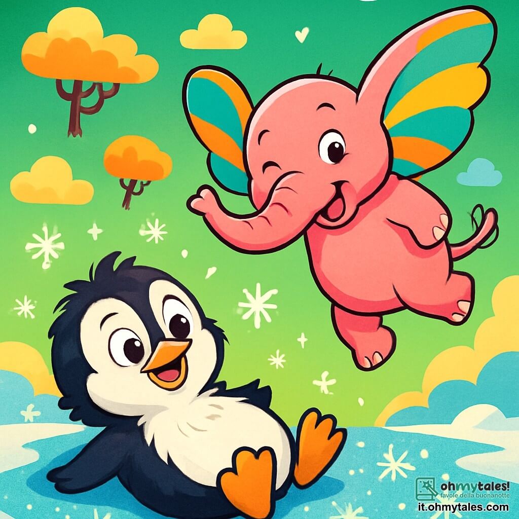Un piccolo pinguino di nome Piumino, con una pancia rotonda e piume nere e bianche arruffate, guarda con occhi spalancati e un sorriso meravigliato. È sdraiato su un pavimento di ghiaccio che brilla come stelle, circondato da fiocchi di neve scintillanti. Accanto a lui, un elefante rosa con grandi ali colorate, dall'aria gioiosa e curiosa, si appresta a fargli l'occhiolino. Si tiene su una zampa, fluttuando leggermente nell'aria, mentre Piumino si rialza, sorpreso e divertito. Il paesaggio è un mondo fantastico con un cielo verde brillante, nuvole a forma di caramelle e alberi con radici sospese. Il terreno è coperto di neve scintillante che emana un profumo di popcorn. La scena principale mostra Piumino che, dopo aver starnutito, scopre di essere caduto in questo mondo bizzarro, ridendo insieme al suo nuovo amico elefante, pronti a esplorare questa realtà magica e stravagante.