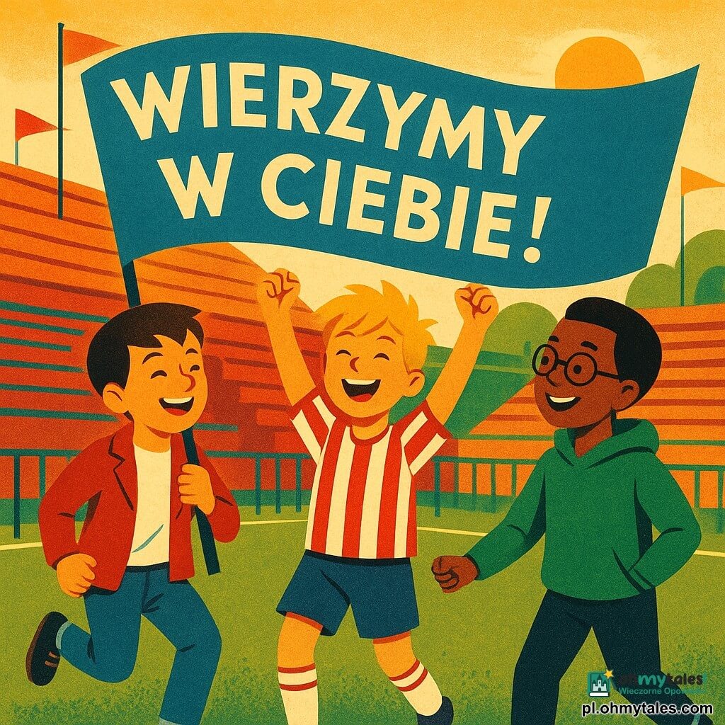 Troje chłopców (ok. 10 lat): chłopiec po lewej, krótkie brązowe włosy, czerwona kurtka i dżinsy, trzyma lewą stronę dużego niebieskiego transparentu z białymi literami, podskakuje z radości; środkowy chłopiec, rozczochrane blond włosy, pasiasta koszulka piłkarska, ręce w górze, szeroko uśmiechnięty po strzeleniu gola; chłopiec po prawej, czarne włosy, okrągłe okulary, zielona bluza, trzyma prawą stronę transparentu i patrzy dumnie na kolegę; miejsce: mały osiedlowy stadion z czerwonymi trybunami, zielonymi barierkami, żywo zieloną trawą i kolorowymi flagami; atmosfera: jasne niebo, niskie słońce, ciepłe światło i długie cienie; główna sytuacja: trzymają ręcznie malowany transparent "Wierzymy w ciebie!" i wiwatują na cześć kolegi, dynamiczna kompozycja, radosne wyrazy twarzy, nasycone kolory i widoczne pociągnięcia pędzla.
