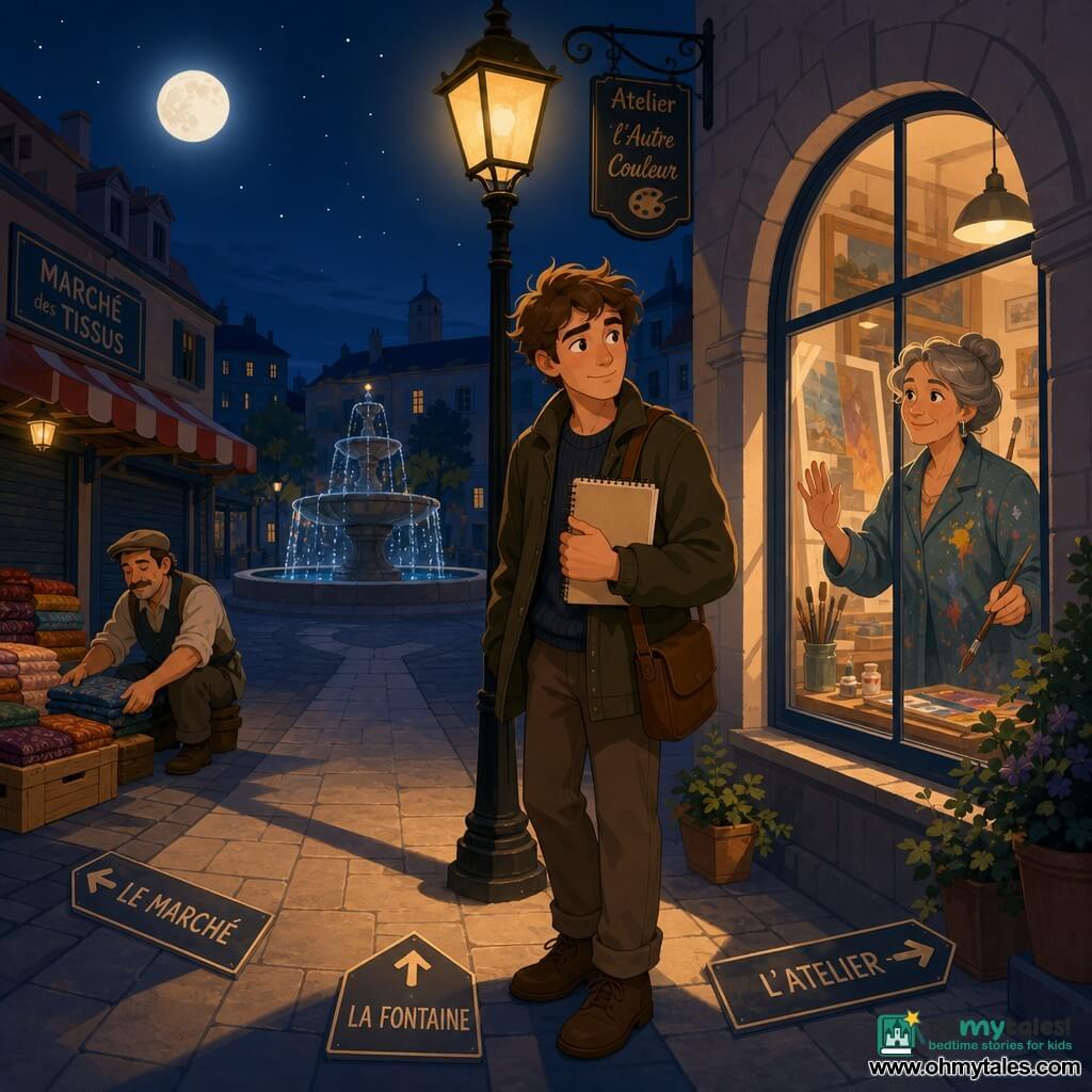 A young man in his twenties with a gentle, attentive face, tousled brown hair, a dreamy look and shy smile stands under a warm lamp post halo holding a small beige sketchbook to his chest and a thin pale paper bill in his hand; an about-50-year-old woman artist with gray hair in a bun and a paint-stained jacket stands behind a brightly lit studio window to his right, smiling and with a hand on the glass; a fortyish market vendor, crouched at left in the background, folds colorful fabrics and stacks crates with quick hands; the scene is a quiet nighttime street corner with gray slab pavement, a round fountain glittering in the back, closed market stalls to the left, a lit studio window to the right, a deep blue night sky and a pale moon; the boy is centered beneath the lamp halo, facing three visible paths (to the fountain, the studio window, the market), hesitant but curious, clutching the sketchbook and bill, in a soft, inviting atmosphere with soothing colors, long shadows and simple contrasts.