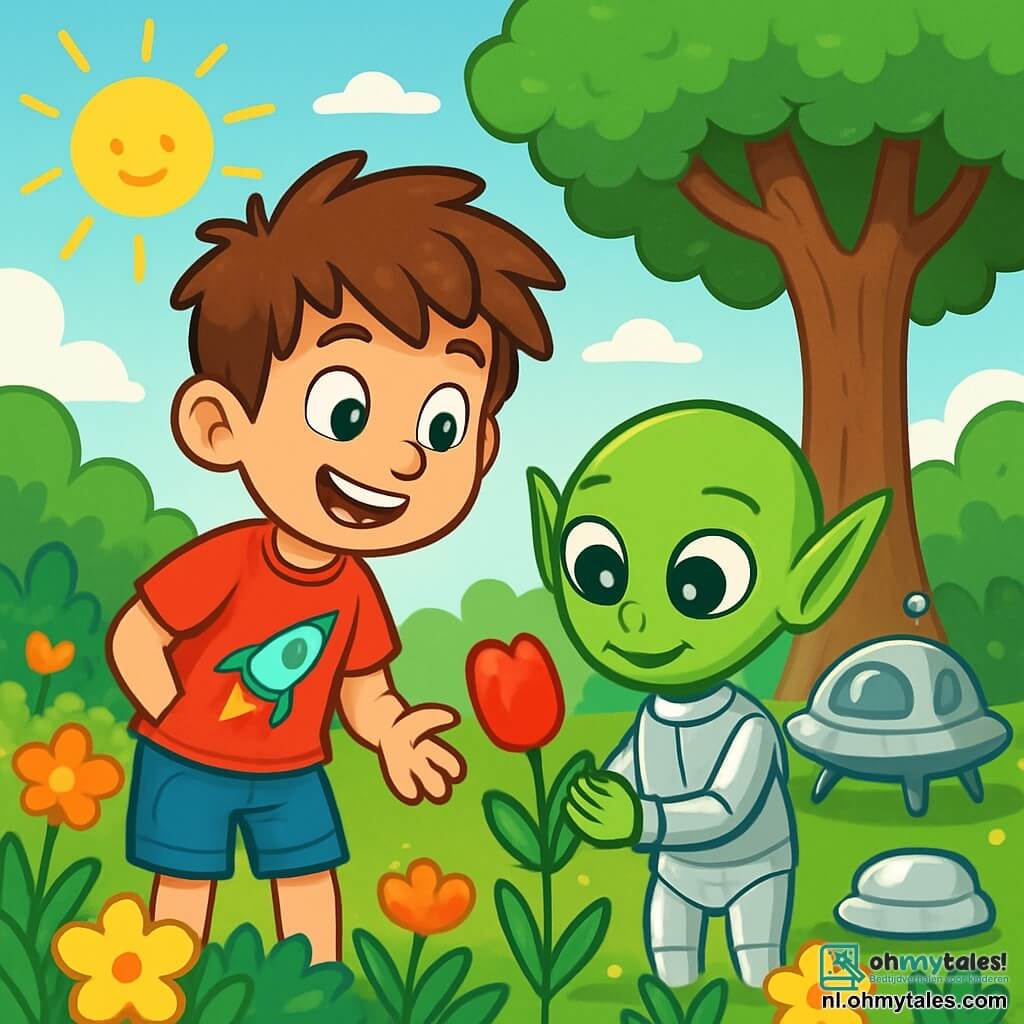 Een 10-jarig jongetje, Tim, met rommelig bruin haar en nieuwsgierige ogen, staat in zijn tuin met een grote glimlach op zijn gezicht. Hij draagt een rode t-shirt met een raketafbeelding en een spijkerbroekshort. Naast hem staat een klein groen buitenaards wezen genaamd Zog, met grote ronde ogen en een gladde huid, dat verwonderd naar de wereld om zich heen kijkt. Zog heeft puntige oren en draagt een glanzend zilveren pak. De tuin is gevuld met kleurrijke bloemen, met een grote eik in het midden, en de zon schijnt in een helderblauwe lucht. Op de achtergrond staat een klein zilveren ruimteschip voorzichtig op het gras, schitterend in de zonnestralen. De scène toont Tim en Zog die verwonderd naar een rode tulp kijken, terwijl Zog een kleine bloem in zijn handen houdt en Tim enthousiast uitlegt. De sfeer is vrolijk en vol ontdekkingen, wat hun opbloeiende vriendschap en de verwondering van verkenning illustreert.