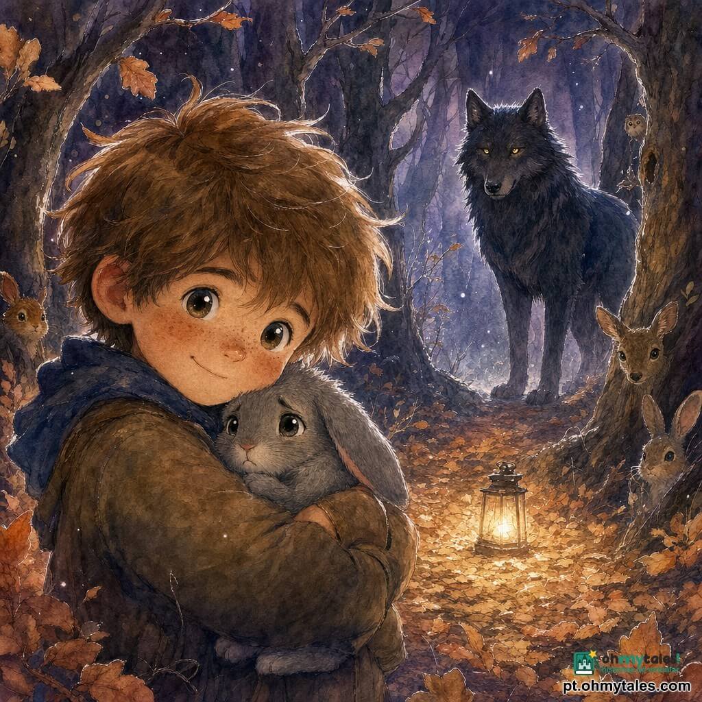 Um menino de 6 anos, rosto redondo com sardas, cabelo castanho-claro despenteado, expressão corajosa e benevolente, olhos grandes e brilhantes, abraça um pequeno coelho cinza contra o peito; o coelho de pelo macio e orelhas caídas, com olhar assustado mas aliviado, está encostado levemente à esquerda do menino. Ao fundo, entre troncos, o Grande Lobo Mau, corpulento e musculoso, pelagem antracite com reflexos azuis e olhos amarelos penetrantes, observa desde a sombra, menos ameaçador do que esperado. Cena numa floresta crepuscular densa, troncos altos e nós, névoa tênue, folhas cobre no chão e uma estreita clareira iluminada por uma pequena lanterna ao nível do solo; clima de confronto pacífico ao entardecer, tons quentes alaranjados e violetas, aparência aquarela suave com detalhes em caneta gel branca.