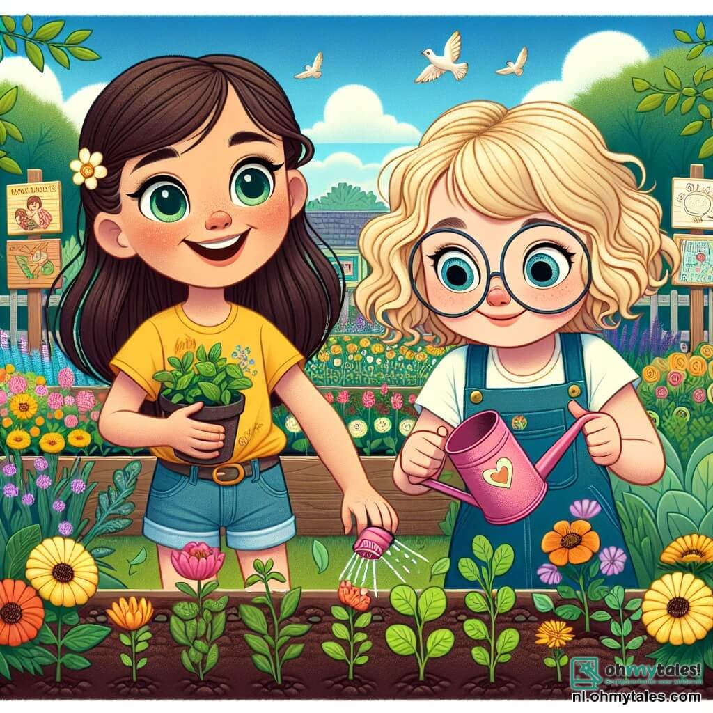 Een 11-jarig meisje, Lotte, met lang bruin haar en sprankelende ogen, is bezig met het planten van zaden in een kleurrijke moestuin. Ze draagt een felgele t-shirt en een spijkerbroekshort, met een grote glimlach op haar gezicht, vol enthousiasme en opwinding. Naast haar staat Lisa, een ander 11-jarig meisje met krullend blond haar en ronde bril, die voorzichtig de jonge planten watergeeft met een roze gieter. Ze heeft een geconcentreerde en blije uitstraling, terwijl ze dit moment van vriendschap met Lotte deelt. De achtergrond is een prachtige gemeenschappelijke tuin, vol met rijen schitterende bloemen, groene groenten en houten borden versierd met kindertekeningen. De lucht is blauw met enkele witte wolken, en vogels zingen in de omringende bomen. De scène toont Lotte en Lisa die samen in de aarde werken, wat vriendschap en de vreugde van de zomer symboliseert, omringd door de schoonheid van de natuur en de gemeenschapsgeest.