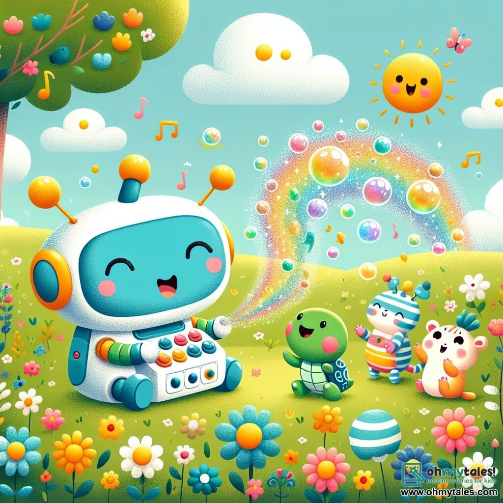 A little robot named Zippy, with round, shiny blue eyes, is joyfully laughing while pressing a button on his colorful machine that emits sparkling bubbles. Next to him, Pip, a soft-shaped green cloud, bursts into laughter, her little arms floating in the air as she spins around. Tilly, a smiling striped turtle, is sitting under a large tree, her eyes sparkling with happiness as she claps in time with the music of the little mice dancing around them. The setting is a sunny meadow dotted with multicolored flowers, with a light blue sky and fluffy clouds. The scene captures the magical moment when Zippy's machine creates bubbles that transform into colorful fish, filling the air with laughter and surprises.