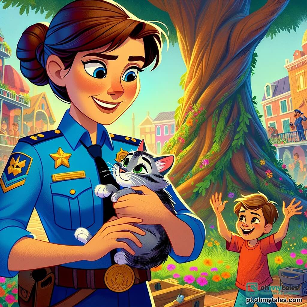 A sargento Clara é uma mulher corajosa com cabelos castanhos presos em um coque, vestindo um uniforme azul vivo adornado com uma estrela dourada no peito. Ela tem um sorriso caloroso e olhos brilhantes de determinação, segurando um pequeno gato cinza em seus braços, olhando-o com ternura. Ao lado dela, Lucas, um garoto de seis anos com cabelos loiros bagunçados e olhos brilhantes de excitação, aplaude alegremente. Ele usa uma camiseta vermelha e um short azul, posicionado perto da base da árvore, com os braços levantados em sinal de encorajamento. A cena ocorre em uma charmosa praça da cidade, cercada por prédios coloridos e flores vibrantes, com uma grande árvore no centro, cujos galhos se estendem amplamente, onde o gato estava preso. A situação principal mostra Clara, a sargento, salvando o gato preso na árvore, enquanto Lucas, maravilhado, observa e aplaude, criando uma atmosfera alegre e cheia de aventura.