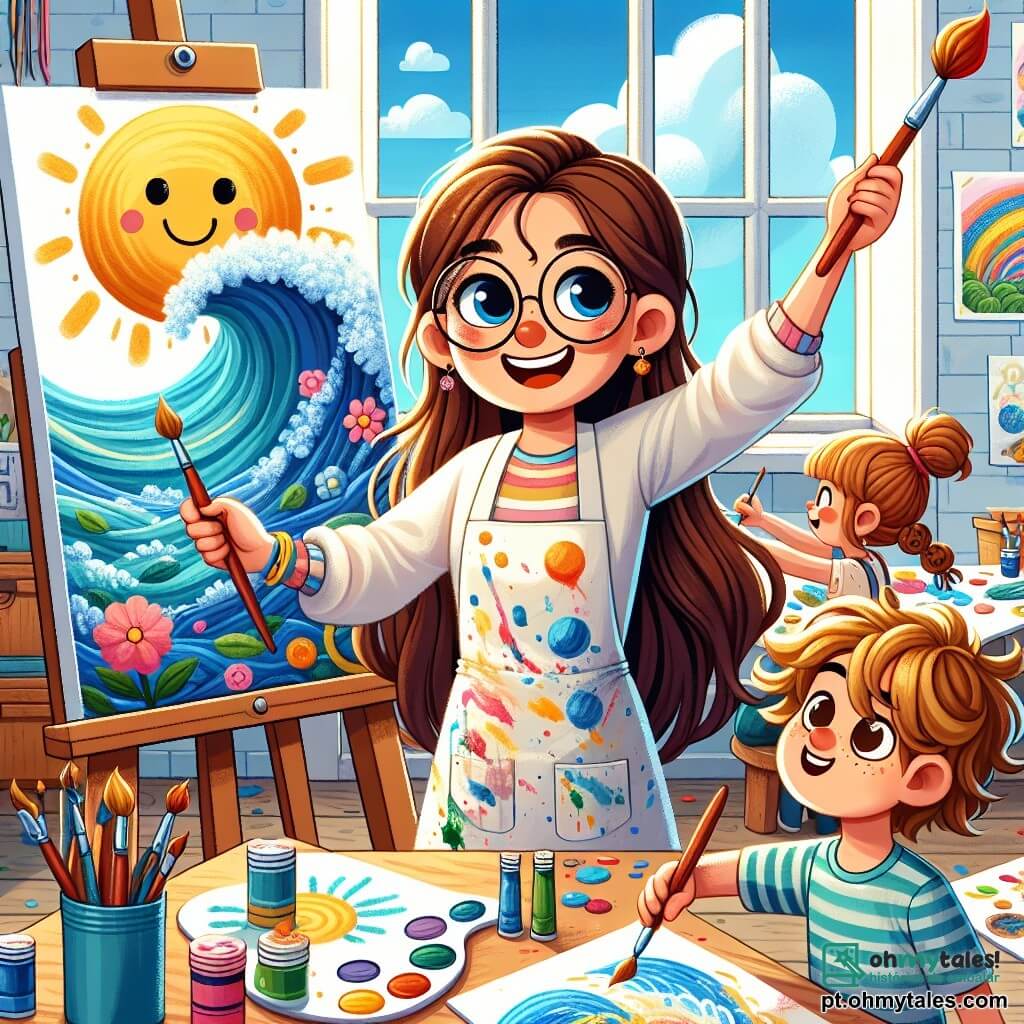 Uma artista chamada Sofia, com longos cabelos castanhos e óculos redondos, sorri alegremente segurando um grande pincel colorido. Ela usa uma blusa branca manchada de tinta e está diante de uma tela repleta de cores vivas, mostrando uma bela onda azul. Ao lado dela, Lucas, um garoto de 8 anos com cabelos loiros bagunçados, levanta os braços orgulhosamente mostrando seu desenho de um sol amarelo brilhante. Maria, uma menina de 7 anos com tranças castanhas, está inclinada sobre sua folha, concentrada em desenhar uma grande árvore verde, seus olhos brilhando de criatividade. O local é um estúdio de arte iluminado, com paredes brancas e janelas que deixam entrar a luz do sol. Potes de tinta colorida estão espalhados sobre uma mesa de madeira, e obras de arte estão penduradas nas paredes, criando uma atmosfera alegre e inspiradora. A cena principal mostra Sofia ensinando as crianças a pintar, enquanto elas se divertem criando suas próprias obras de arte, preenchendo o estúdio com risos e cores vibrantes.