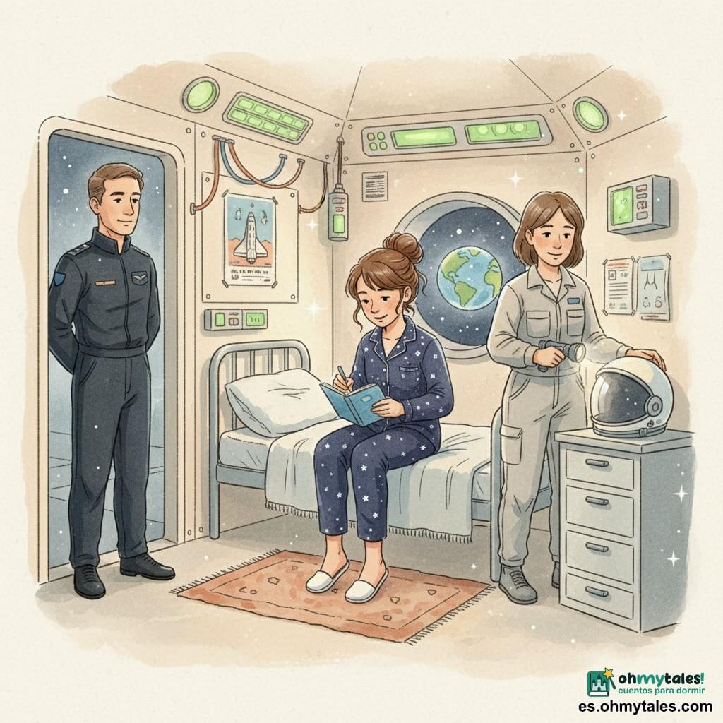 Una mujer, Estrella, joven astronauta sonriente y concentrada, cabello castaño recogido en un moño suelto, vestida con un pijama azul noche con pequeñas estrellas, sentada en su cama de metal escribiendo en una pequeña bitácora de tapa azul; Nerea, ingeniera de unos 35 años de mirada benevolente, con ropa de trabajo gris claro, sostiene una linterna y revisa suavemente el casco sobre la cómoda, junto a la puerta a la derecha de Estrella; el capitán Rojas, un hombre de unos 45 años, de figura erguida y uniforme oscuro con insignia, está en el marco de la puerta a la izquierda observando con tranquila orgullo; la cabina espacial tiene paredes crema con paneles metálicos, una ventana circular que muestra la Tierra, indicadores verdes y cables ordenados, una alfombra gastada y un póster de una lanzadera; momento de preparación serena antes del despegue, con luz cálida de lámpara, páginas de la bitácora abiertas y el casco listo, atmósfera de espera cálida y estudiada.
