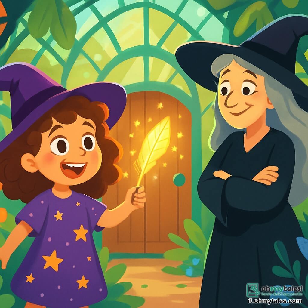 Clara, una giovane apprendista strega di sette anni, ha grandi occhi curiosi e capelli ricci, vestita con un abito viola decorato con stelle scintillanti. Esprime una gioia meravigliata, tenendo una penna magica che brilla. Accanto a lei, Antonia, una strega di circa sessant'anni con capelli grigi e un lungo abito nero, osserva Clara con un sorriso benevolo, le braccia incrociate in un gesto di incoraggiamento. La scena si svolge in una serra magica, piena di piante colorate che sembrano danzare al ritmo di una dolce melodia. Clara è davanti a una grande porta di legno, pronta a lanciare la sua prima incantesimo, mentre Antonia la incoraggia a credere nei suoi sogni. L'aria è carica di magia ed eccitazione, e l'ambiente vibrante di colori evoca un mondo fantastico dove tutto è possibile.