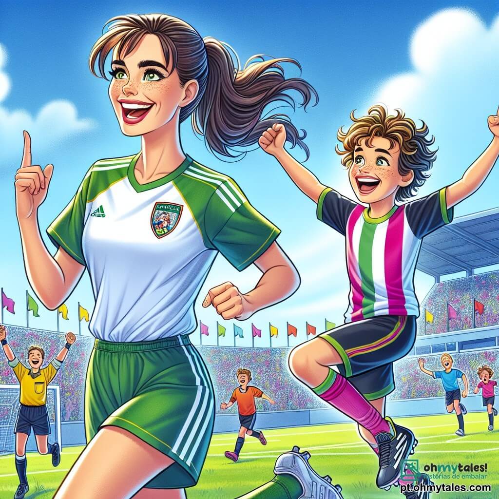 No centro da imagem, Laura, uma mulher esportiva de cerca de trinta anos, celebra um gol marcado no campo de futebol. Com cabelos castanhos presos em um rabo de cavalo e um sorriso radiante, ela veste uma camiseta colorida de sua equipe, com um short e tênis. Seus braços estão levantados em sinal de vitória, e seus olhos brilham de alegria e orgulho. Ao seu lado, Miguel, um garoto de 10 anos com cabelos cacheados e muita energia, salta de alegria. Ele usa uma camiseta de futebol e um short, com um sorriso brilhante, correndo em direção a Laura para parabenizá-la. Ao fundo, o campo de futebol é verde, cercado por espectadores entusiasmados que aplaudem e incentivam a equipe. O céu é azul com algumas nuvens brancas, e bandeiras coloridas flutuam ao redor, criando uma atmosfera festiva. A cena retrata Laura e Miguel celebrando juntos após um gol decisivo, refletindo a alegria e o espírito de equipe, com crianças e pais aplaudindo, gerando um clima de camaradagem e felicidade.