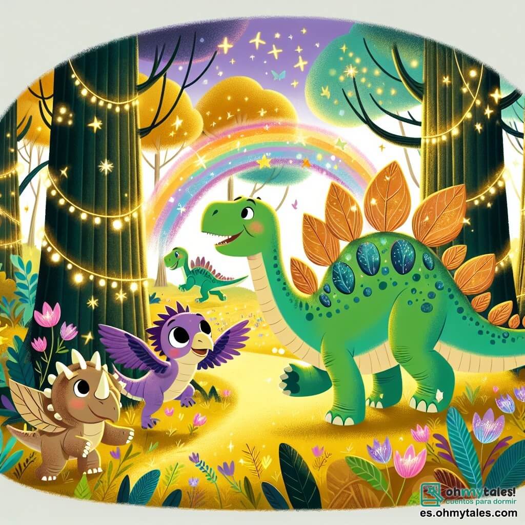 Un estegosaurio llamado Esteban, con piel verde brillante y placas en forma de pequeños espejos en su espalda, expresa una gran curiosidad y asombro mientras explora un hermoso bosque mágico. A su lado, Violeta, un velociraptor de plumas violetas y ojos chispeantes, salta de alegría al descubrir flores luminosas. Tomás, un triceratops con tres grandes cuernos y piel beige, sonríe al admirar un gran árbol de hojas doradas. El lugar es un bosque encantado, donde los árboles son altos y majestuosos, adornados con hojas coloridas, y donde luces centelleantes bailan en el aire. La situación principal muestra a Esteban y sus amigos descubriendo un brillante arcoíris que los invita a entrar en un mundo de sueños y aventuras.