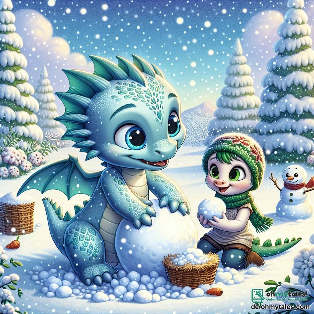 Ein kleiner Drache namens Flixi mit hellblauen Schuppen und strahlenden Augen baut einen Schneemann in einem verschneiten Garten. Er lächelt breit mit ausgebreiteten kleinen Flügeln, während er eine große Schneekugel rollt. Neben ihm hilft seine Mama-Drache mit grünen Schuppen und einem sanften, warmen Ausdruck, indem sie Details zum Schneemann hinzufügt. Sie beugt sich leicht vor, hält eine Karotte für die Nase des Schneemanns und schaut stolz zu Flixi. Der Ort ist ein magischer Garten, bedeckt mit einer dicken Schicht funkelnden Schnees, mit schneebedeckten Bäumen und einem hellblauen Himmel, der mit weißen, baumwollartigen Wolken übersät ist. Die Hauptsituation zeigt Flixi und seine Mama, die gemeinsam einen fröhlichen Schneemann erschaffen, voller Aufregung und Lachen, während sanfte Schneeflocken um sie herum fallen.