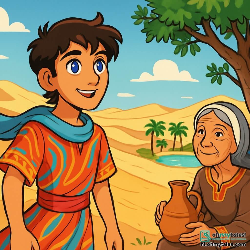 Samir, een jonge man met ogen die schitteren als saffieren, staat op de rand van een uitgestrekte duin van gouden zand. Zijn gezicht straalt verwondering en vastberadenheid uit, met een lichte glimlach die zijn door de zon gebruinde gezicht verlicht. Hij draagt een lichte tuniek van kleurrijke stof, die zachtjes in de warme woestijnwind wappert. Dichtbij zit een oude vrouw met een rimpelig en wijs gezicht, ongeveer zeventig jaar oud, onder een olijfboom. Ze heeft zilverachtig haar en draagt een eenvoudige jurk versierd met traditionele patronen. Ze kijkt vriendelijk naar Samir terwijl ze een kruik water vasthoudt, klaar om hem een verfrissing aan te bieden. De achtergrond toont een uitgestrekt landschap van zandduinen onder een stralende blauwe lucht met enkele witte, donzige wolken. Aan de horizon staan palmbomen rond een schitterende oase, waar het water glinstert onder de zonnestralen. Samir is vastbesloten om zijn zoektocht voort te zetten terwijl hij zich voorbereidt om de mysterieuze oase te verkennen, met de oude vrouw als getuige van zijn avontuur.