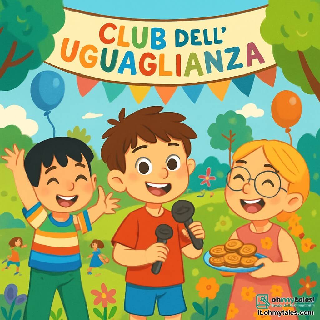 Ci sono 3 personaggi: Matteo, un ragazzo di 8 anni con capelli castani disordinati e occhi curiosi, indossa una maglietta rossa e pantaloni blu, è al centro sorridente con un microfono in mano; Leonardo, un ragazzo di 8 anni con capelli neri e frangia, indossa una camicia a righe multicolori e pantaloni verdi, si trova a sinistra di Matteo sorridendo e sollevando le braccia come se stesse festeggiando; Giulia, una ragazza di 8 anni con capelli biondi intrecciati e occhiali rotondi, indossa un vestito rosa con fiori, è a destra di Matteo con un piatto di biscotti ridendo felicemente. La scena è ambientata in un parco soleggiato con fiori colorati e alberi verdi, sullo sfondo c'è uno striscione colorato con la scritta "Club dell'Uguaglianza". I bambini giocano intorno e palloncini fluttuano nell'aria. I tre personaggi festeggiano il loro club, ridono, ballano e condividono biscotti, mostrando lo spirito di amicizia e uguaglianza tra tutti i bambini.