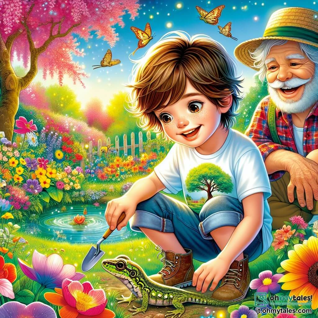 Un ragazzo di 11 anni, Matteo, dai capelli castano chiaro e con occhi scintillanti, è accovacciato in un giardino primaverile. Indossa una t-shirt colorata con un grande albero disegnato sopra e un pantaloncino di jeans. Il suo viso irradia gioia e meraviglia mentre osserva un piccolo ricciolo che si fa strada tra i fiori colorati. Vicino a lui, suo nonno Gianni, un uomo anziano con una barba grigia e un cappello di paglia, sorride mentre tiene una piccola pala e un sacchetto di semi di girasole, pronto a piantare fiori e guardando Matteo con tenerezza. Il giardino è un vero e proprio quadro vivente, pieno di fiori dai colori vivaci, farfalle svolazzanti e un piccolo stagno con girini. La scena rappresenta un momento magico in cui Matteo scopre la bellezza della natura, pronto a piantare semi con suo nonno, simboleggiando l'inizio di una nuova avventura primaverile.