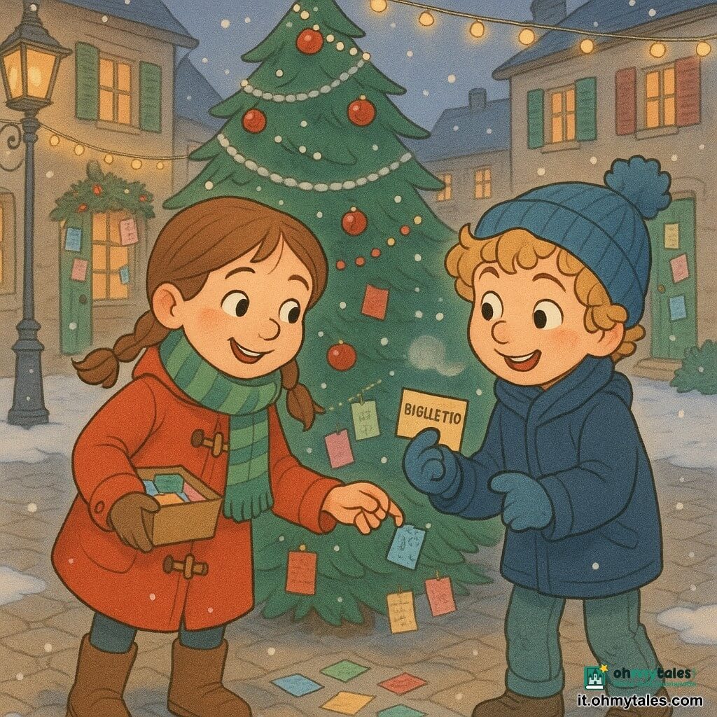 Due bambini di circa 9 anni: una bambina a sinistra con trecce castane, cappotto rosso con bottoni di legno, sciarpa a righe verdi e stivali marroni che sorride e tiene una piccola scatola di carte colorate; un bambino a destra con capelli biondi ricci, berretto blu con pon pon, cappotto blu scuro e guanti lavorati che le tiene la mano e mostra un biglietto con sguardo complice. Ambientazione: una piccola piazza di paese innevata al crepuscolo con ciottoli imbiancati, lampioni in ferro battuto con ghirlande luminose gialle, un grande albero di Natale decorato al centro, case di pietra con persiane colorate e finestre illuminate da luce calda e fumo dai camini. Situazione: i bambini posano bigliettini colorati intorno all'albero, note e disegni appesi ai rami bassi e vicino alle porte; atmosfera calda e festosa con fiocchi di neve che cadono, vapore visibile, sorrisi luminosi, colori contrastanti (rosso, verde, blu, giallo) e stile grafico morbido con tratti arrotondati, texture carta per le carte e luce soffusa delle lanterne.