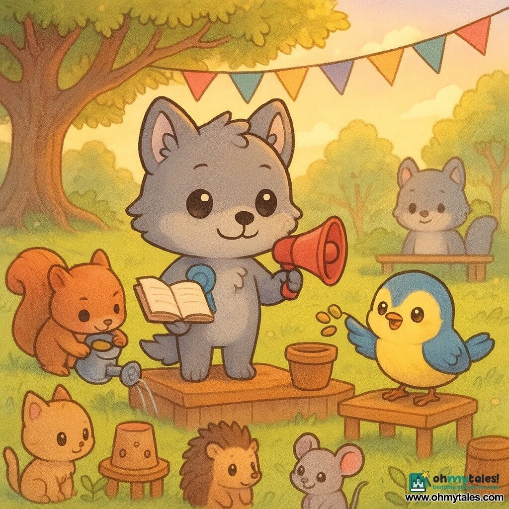 Chibi little wolf with soft gray fur, bright round eyes and a calm smile stands on a small wooden platform holding a red mini-megaphone and an open notebook, wearing a blue ribbon on his chest; to his right a chibi finch with yellow and blue feathers and sparkling eyes stands on a low table offering a small handful of seeds and an earthen pot with a joyful, teaching expression; to his left a mischievous, concentrated chibi red squirrel near a water-pouring demonstration with perforated cups and a metal watering can; the wolf's larger chibi parents stand smiling and proud by a bench in the background while several chibi animal children (kitten, hedgehog, mouse) plant seedlings and watch; the scene is a late-afternoon, sunlit park with a large old oak with exposed roots, a sparkling pond with lily pads, colorful pennant garlands over grassy paths, wooden stalls with seed pots and a visible water-collection barrel; main scene: a warm, active community climate fair where the little wolf speaks into the mic about tree planting and water-saving while children plant seeds and test a rain-collection system.