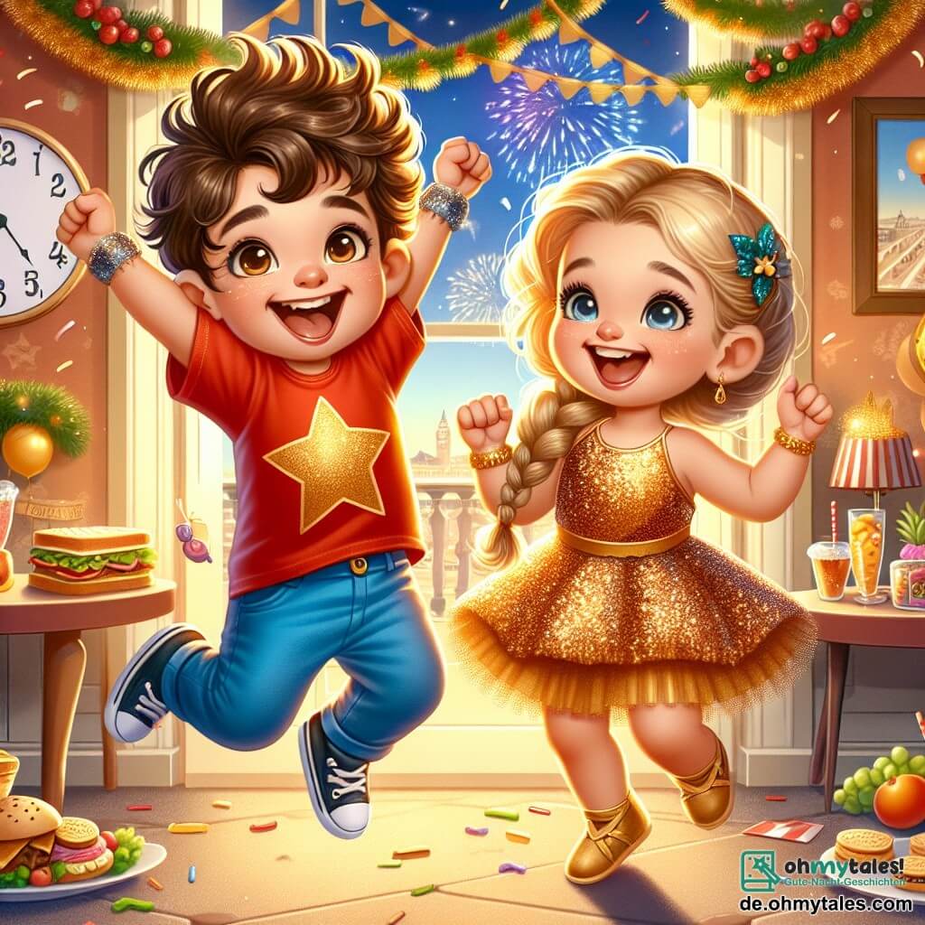 Ein vierjähriger Junge, Max, mit lockigem braunem Haar und großen neugierigen Augen, springt vor Freude in einem für Silvester dekorierten Raum. Er trägt ein rotes T-Shirt mit einem goldenen Stern und eine blaue Hose, sein Gesicht strahlt vor Aufregung und Glück. Neben ihm tanzt ein vierjähriges Mädchen, Leni, in einem glitzernden Kleid mit geflochtenem blonden Haar, lacht und hebt die Arme zum Himmel. Der Raum ist warm beleuchtet, geschmückt mit bunten Girlanden und schwebenden Ballons, und eine große Uhr an der Wand zeigt kurz vor Mitternacht. Ein Tisch ist mit köstlichen Snacks wie kleinen Sandwiches und Obst gedeckt. Die Szene zeigt Max und Leni, die Silvester feiern, umgeben von Freunden und Familie, alle bereit für den Countdown bis Mitternacht, mit Feuerwerken, die durch das Fenster sichtbar sind und den Nachthimmel erleuchten.